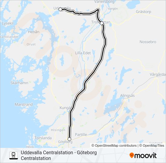 UDDEVALLA CENTRALSTATION - GÖTEBORG CENTRALSTATION tåg Linje karta