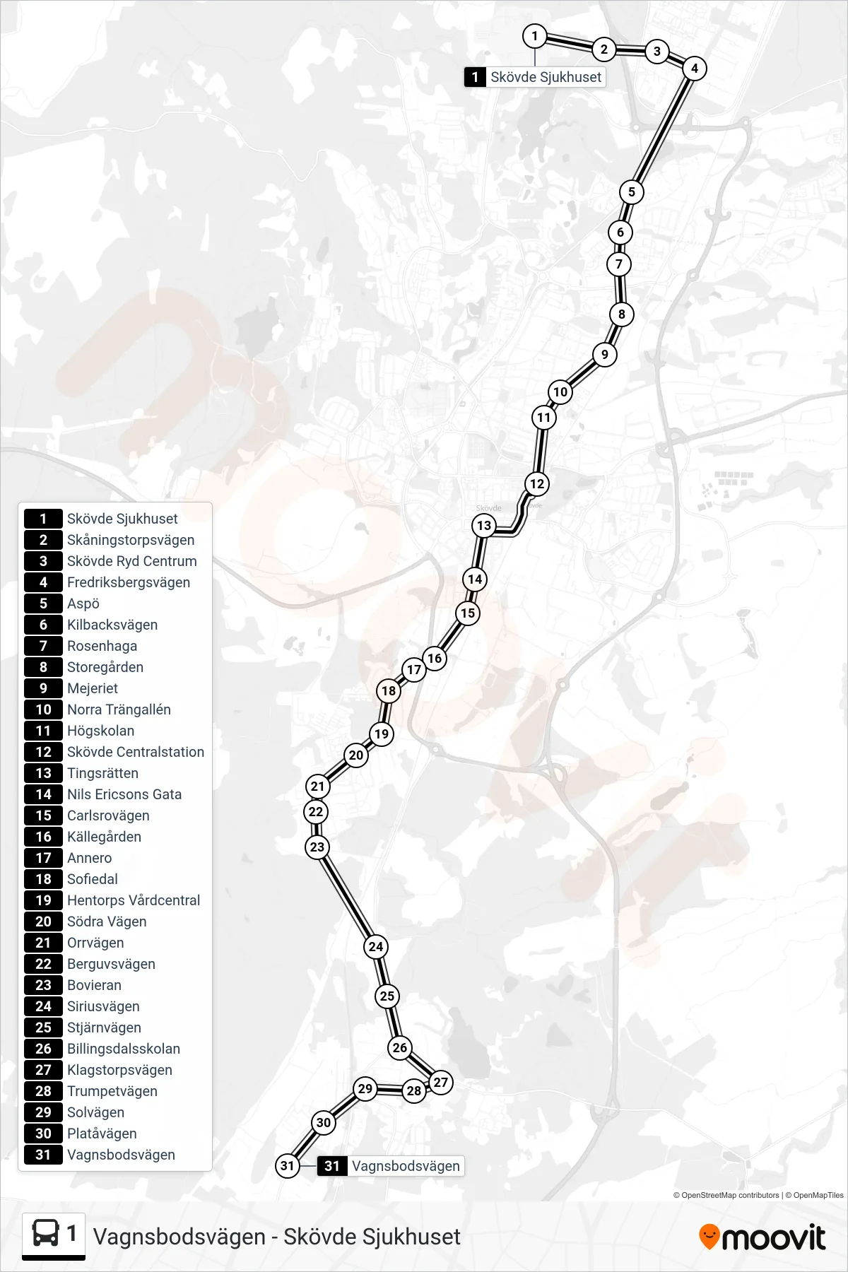 Rutt och hållplatser på karta för linje 1  spårvagn, (Vagnsbodsvägen)
