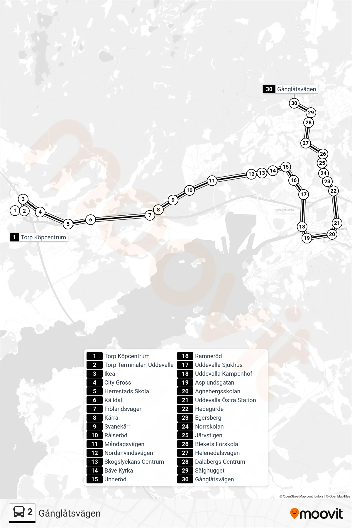Rutt och hållplatser på karta för linje 2 spårvagn, (Gånglåtsvägen)