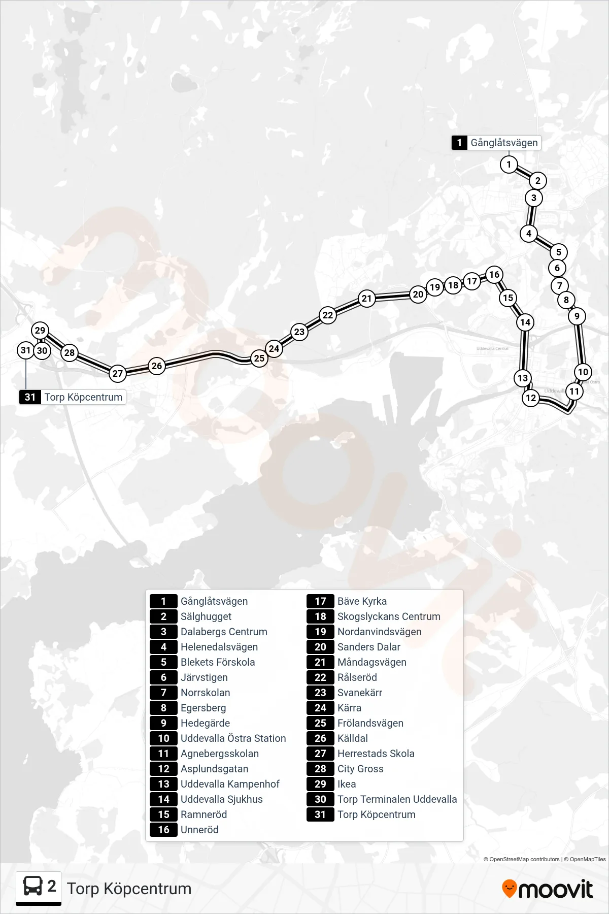 Rutt och hållplatser på karta för linje 2  spårvagn, (Torp Köpcentrum)