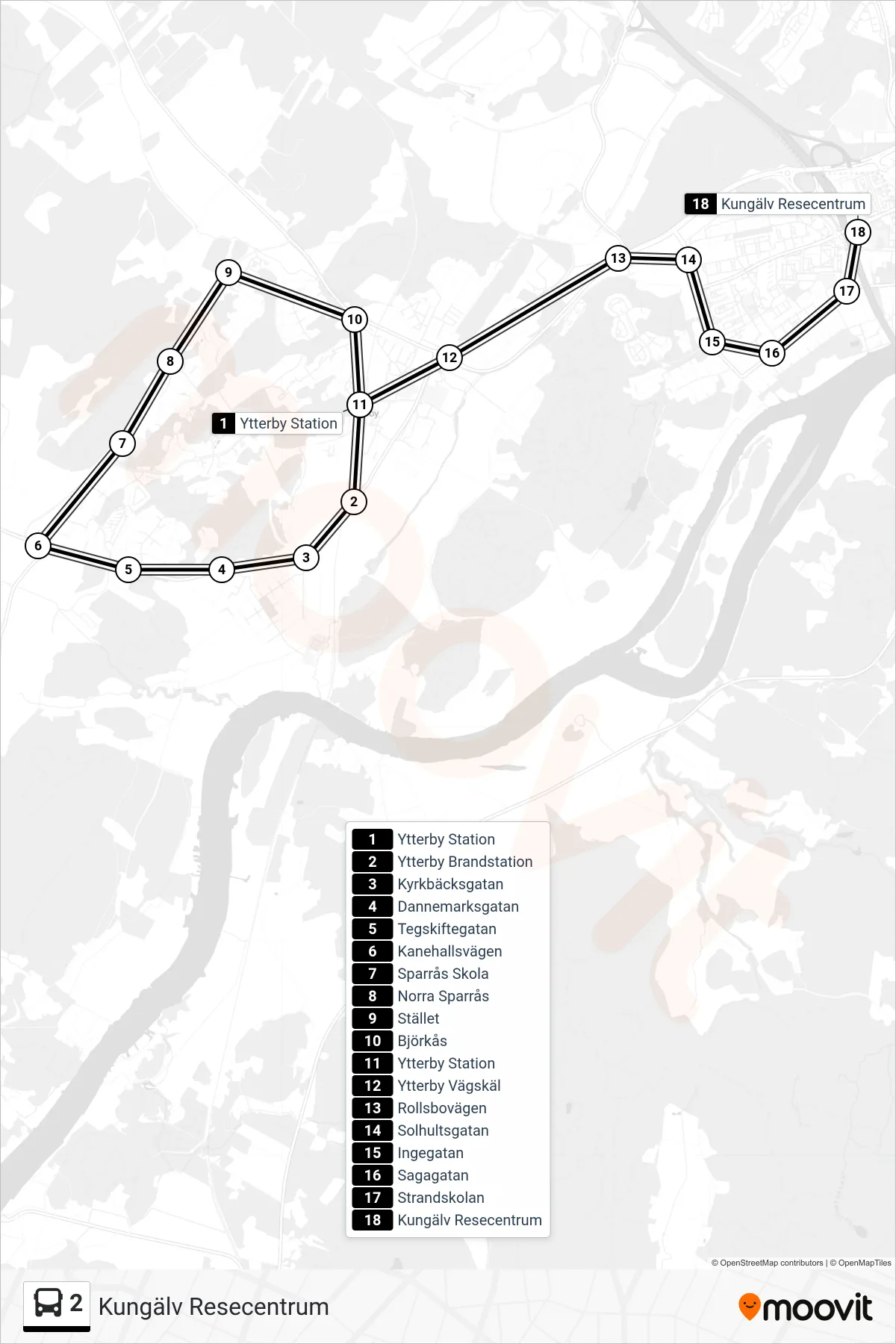 Rutt och hållplatser på karta för linje 2 spårvagn, (Kungälv Resecentrum)
