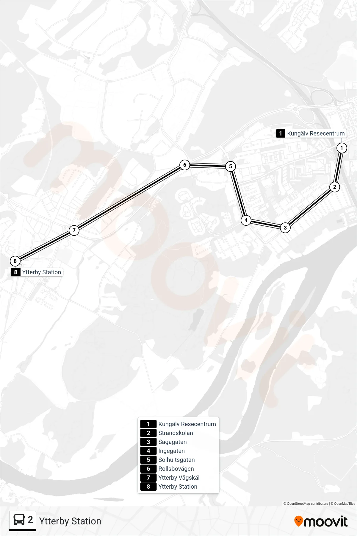 Rutt och hållplatser på karta för linje 2  spårvagn, (Ytterby Station)