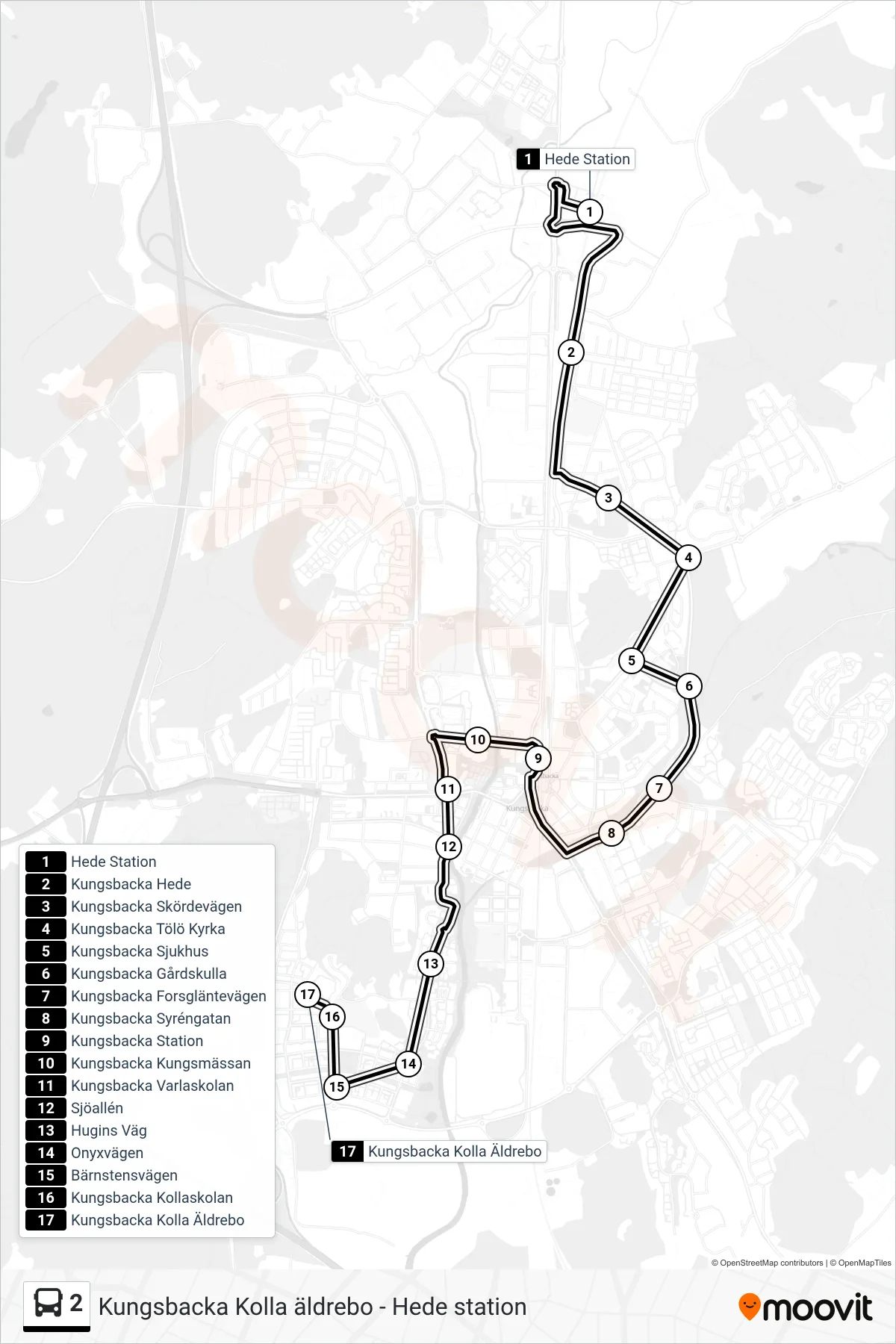 Rutt och hållplatser på karta för linje 2 spårvagn, (Kungsbacka Kolla Äldrebo)