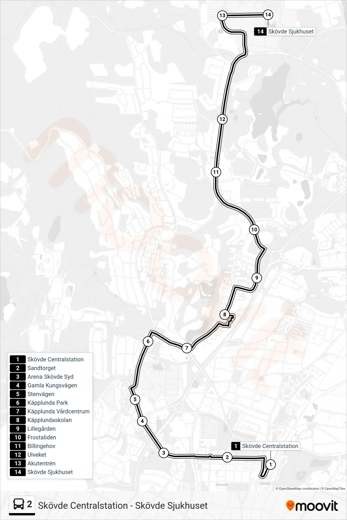 Rutt och hållplatser på karta för linje 2  spårvagn, (Skövde Sjukhuset)