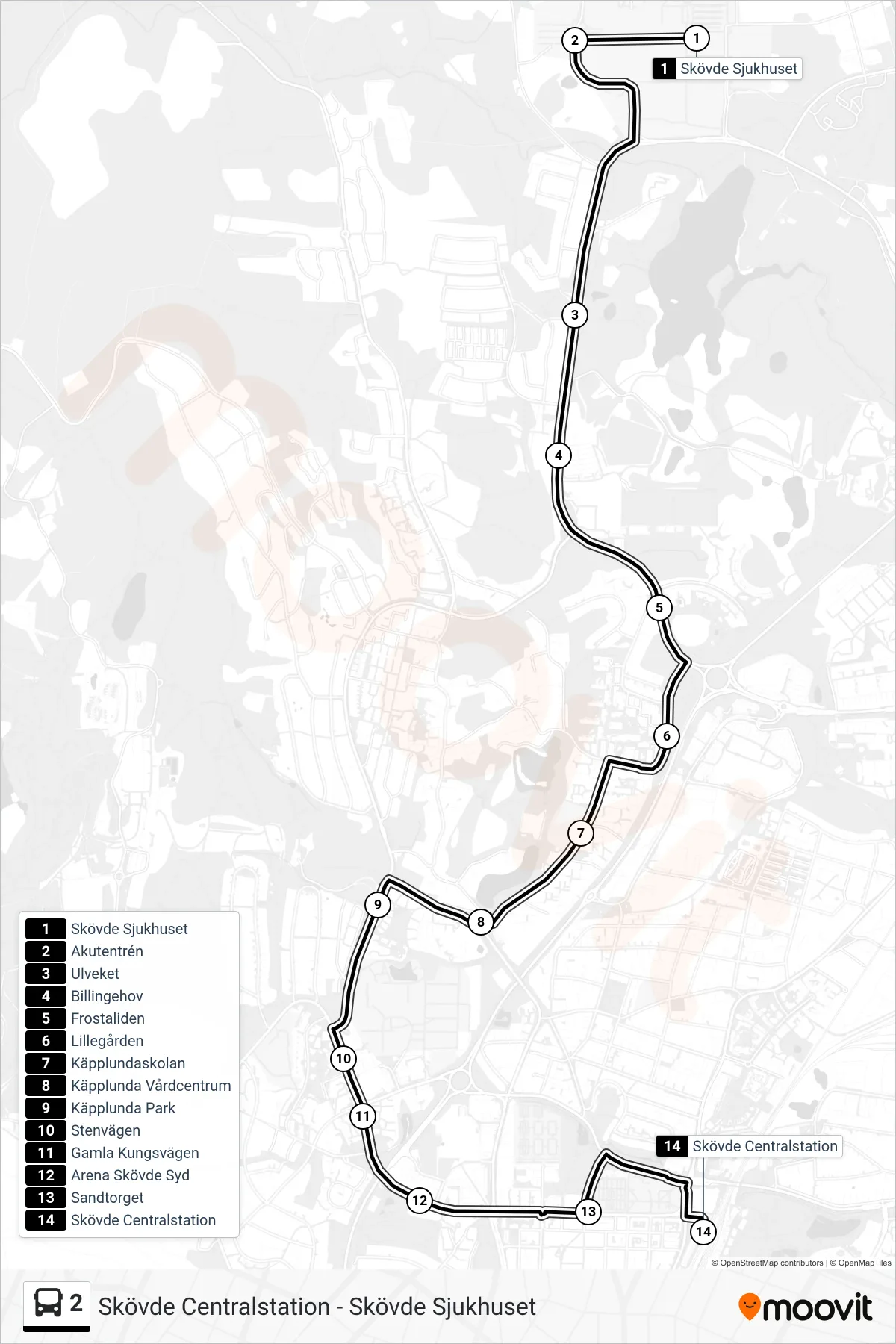 Rutt och hållplatser på karta för linje 2 spårvagn, (Skövde Centralstation)