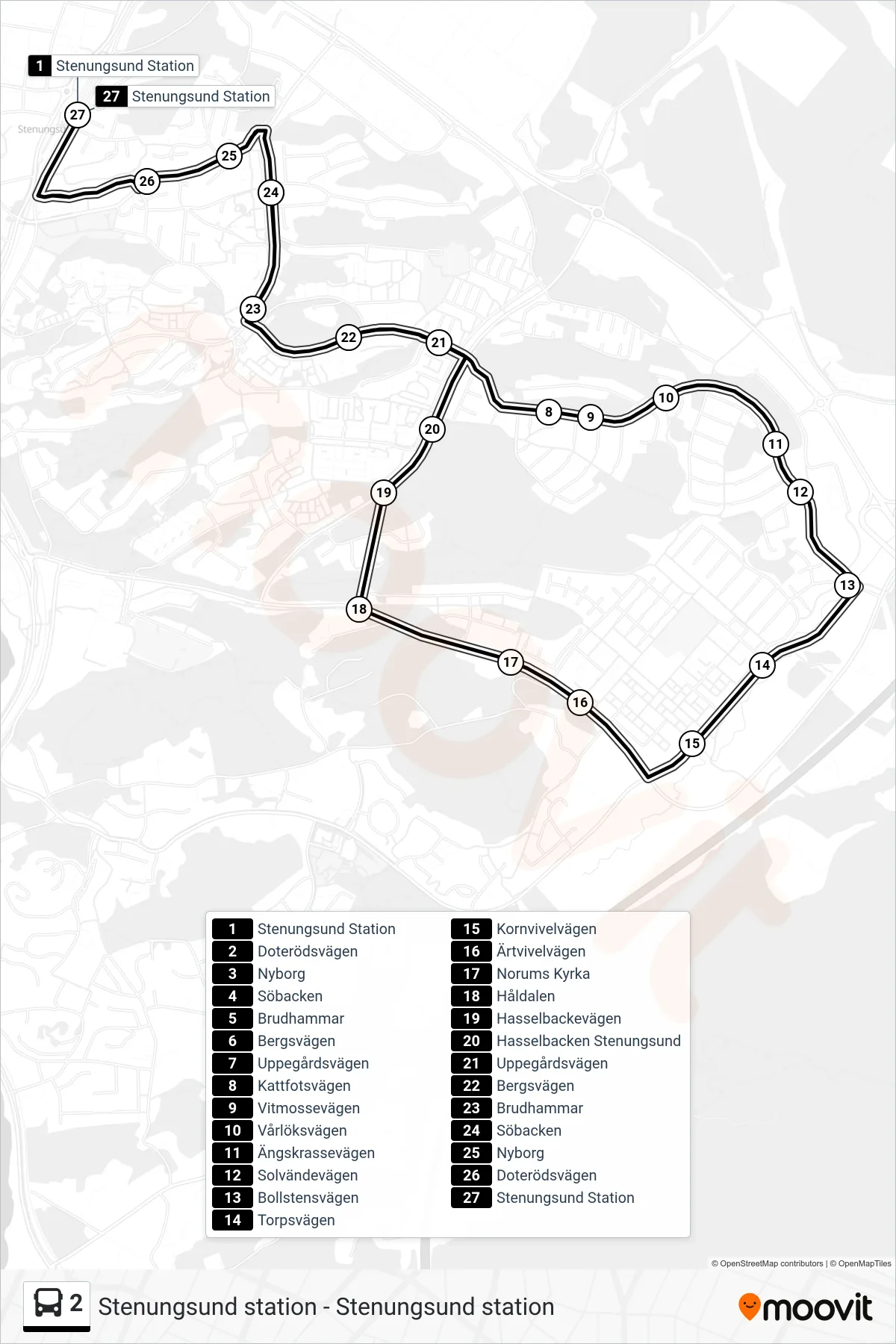 Rutt och hållplatser på karta för linje 2  spårvagn, (Stenungsund Station)
