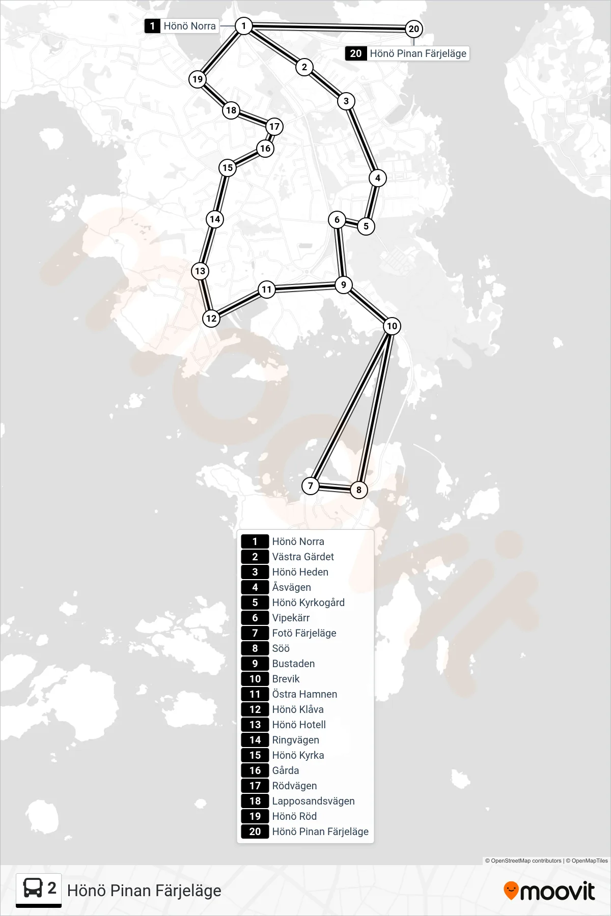 Rutt och hållplatser på karta för linje 2 spårvagn, (Hönö Pinan Färjeläge)