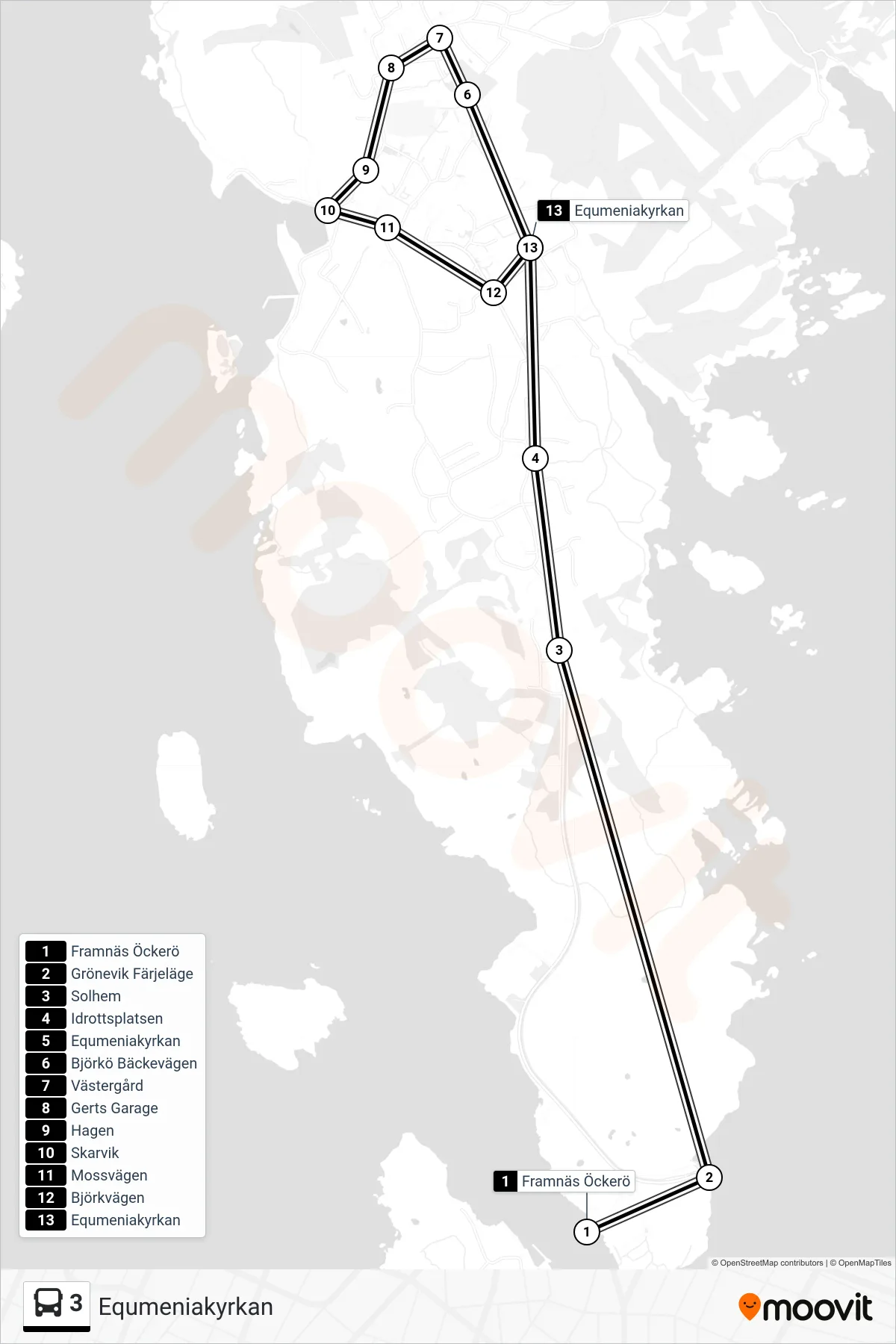 Rutt och hållplatser på karta för linje 3  spårvagn, (Equmeniakyrkan)