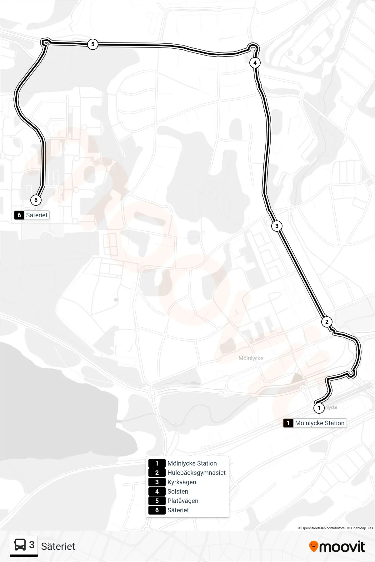Rutt och hållplatser på karta för linje 3 spårvagn, (Säteriet)