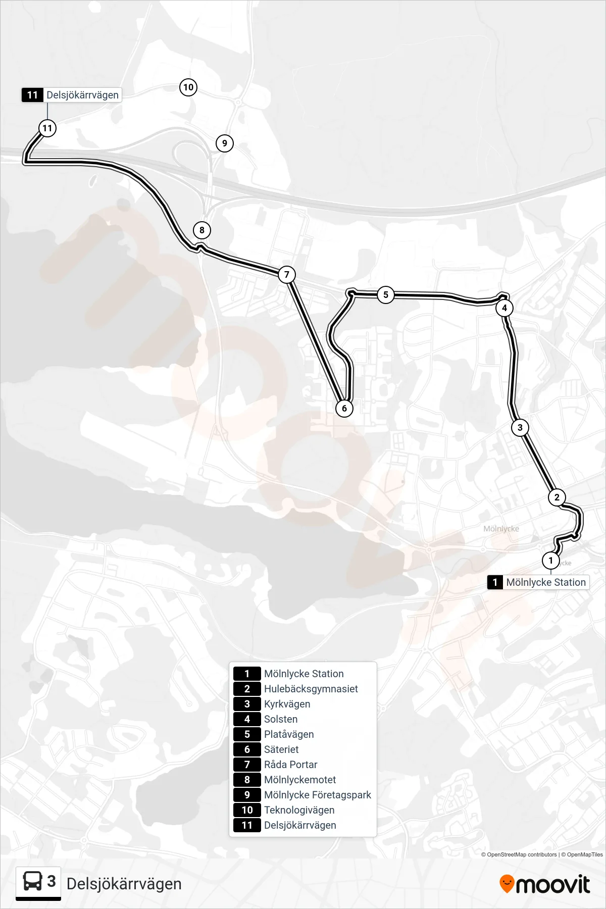 Rutt och hållplatser på karta för linje 3 spårvagn, (Delsjökärrvägen)