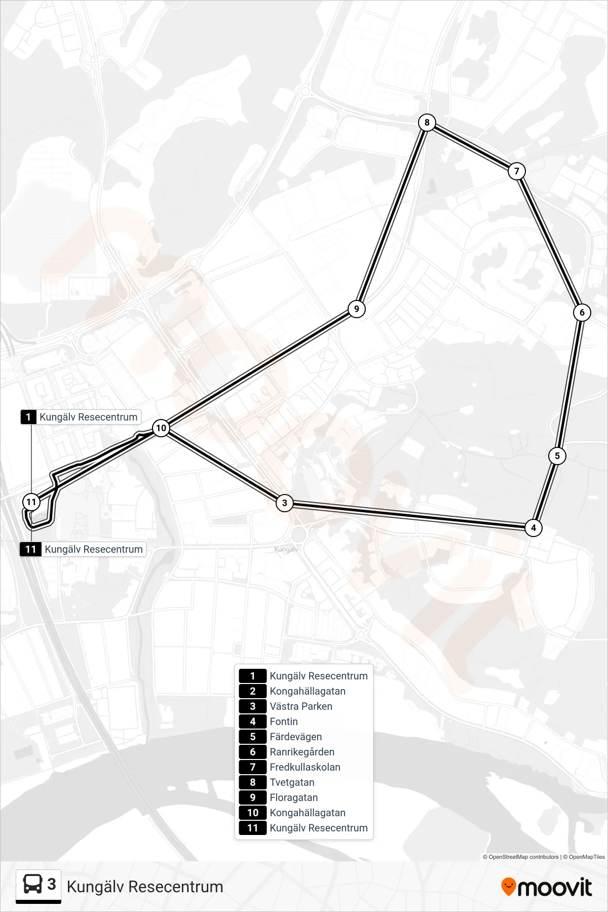 Rutt och hållplatser på karta för linje 3 spårvagn, (Kungälv Resecentrum)