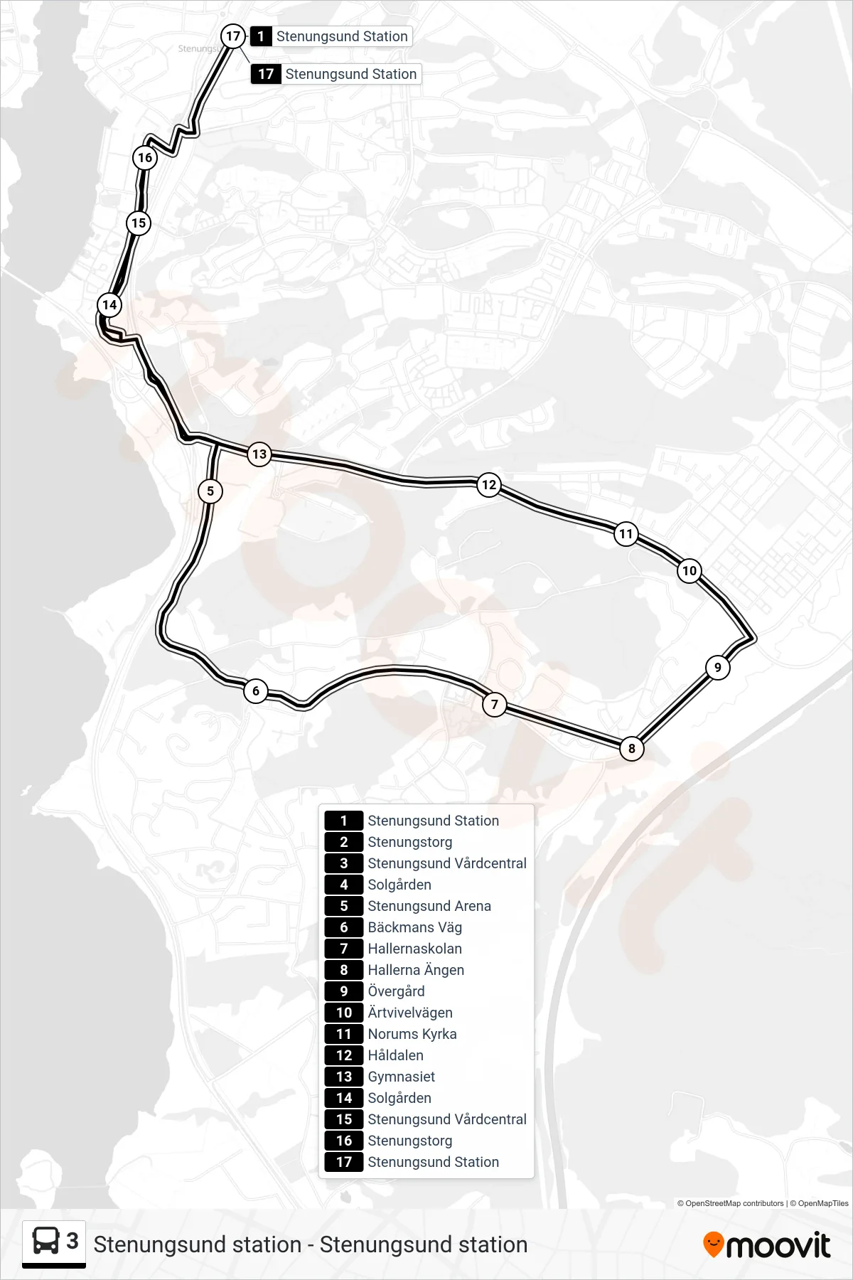 Rutt och hållplatser på karta för linje 3  spårvagn, (Stenungsund Station)