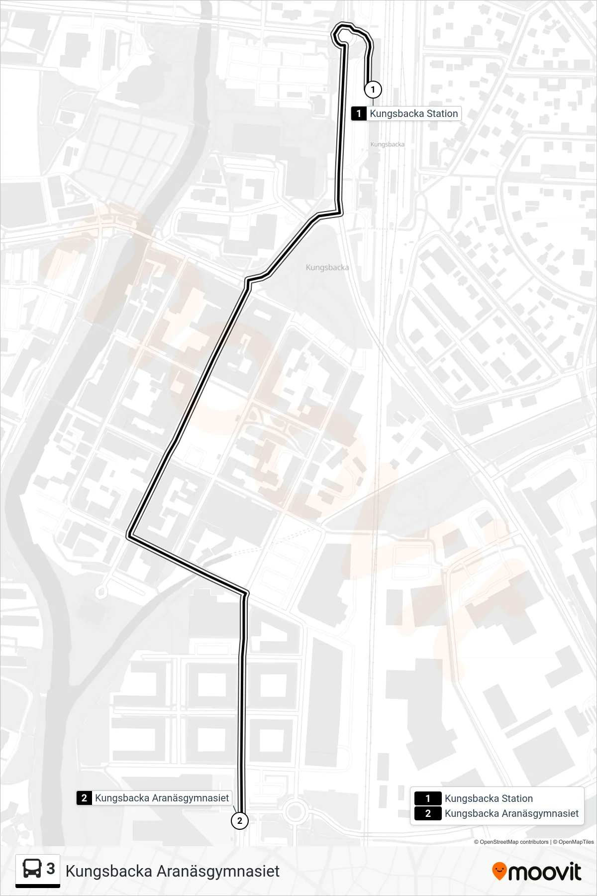 Rutt och hållplatser på karta för linje 3 spårvagn, (Kungsbacka Aranäsgymnasiet)