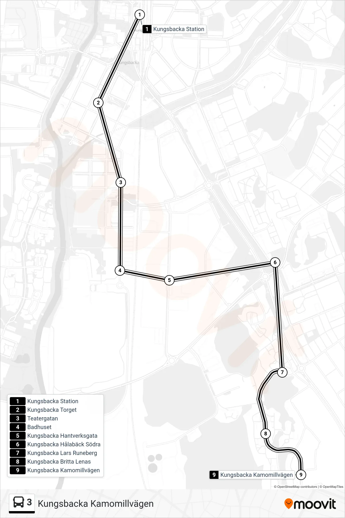 Rutt och hållplatser på karta för linje 3  spårvagn, (Kungsbacka Kamomillvägen)