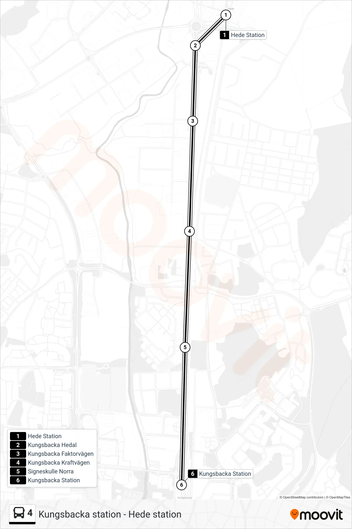 Rutt och hållplatser på karta för linje 4 spårvagn, (Kungsbacka Station)