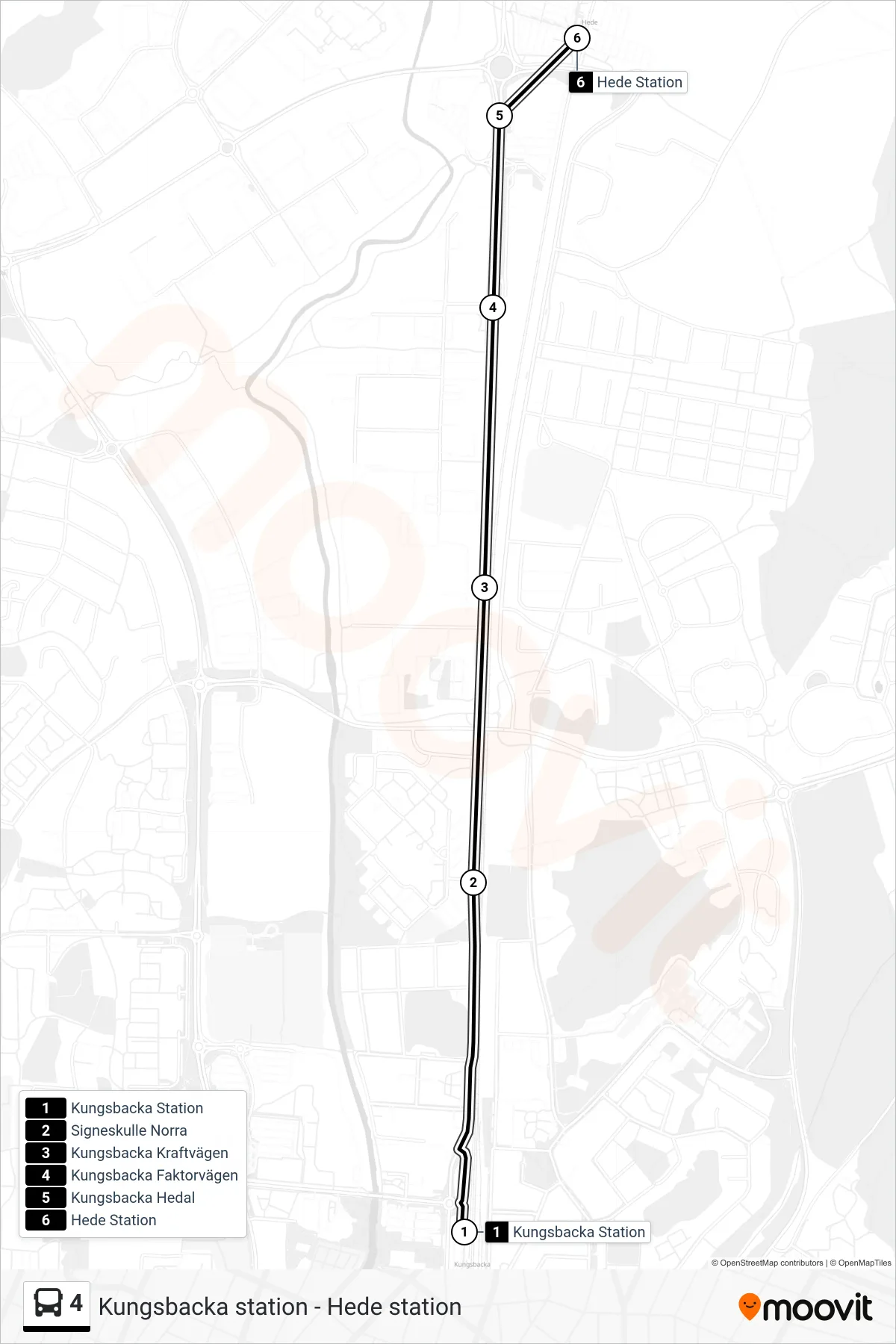 Rutt och hållplatser på karta för linje 4 spårvagn, (Hede Station)