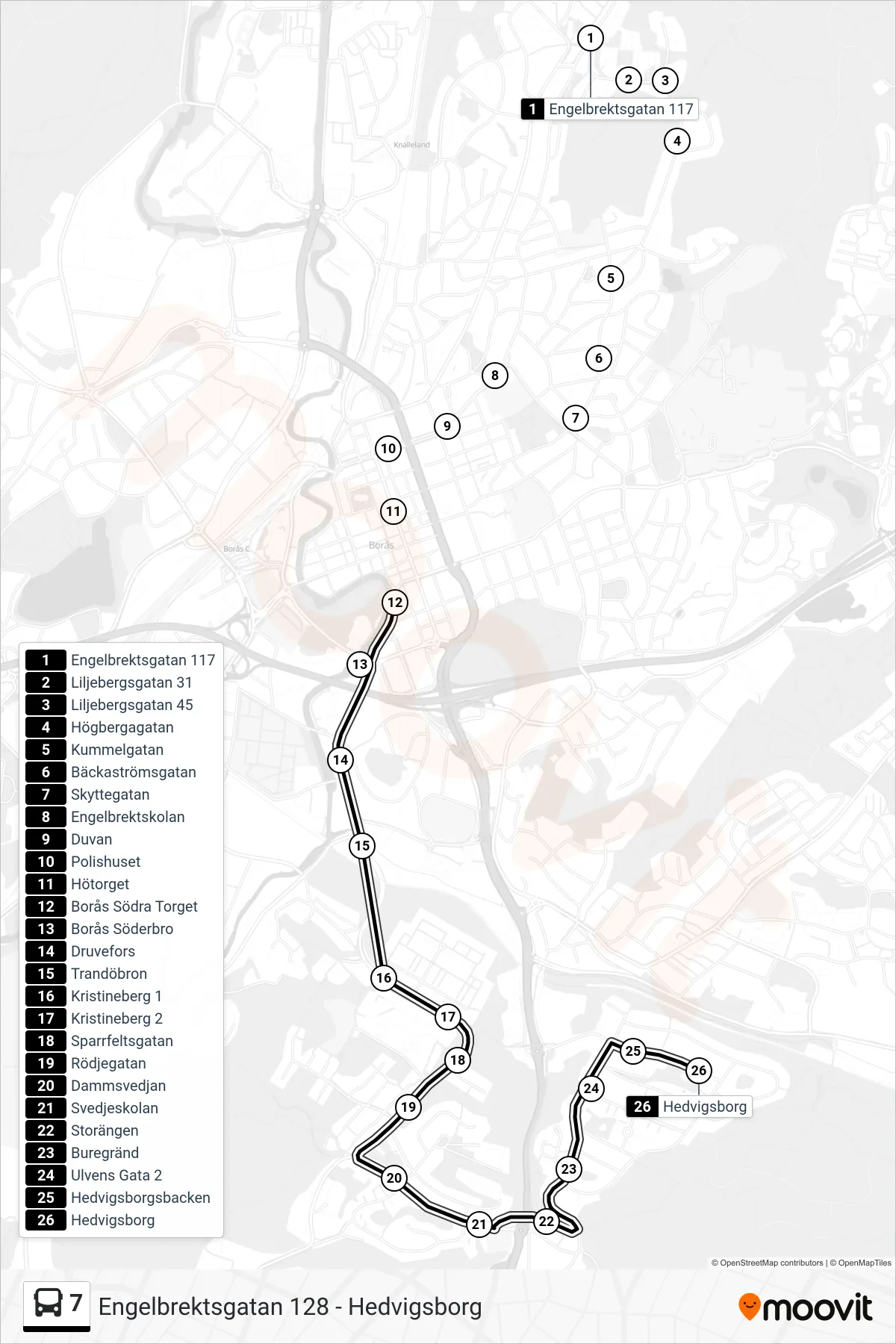 Rutt och hållplatser på karta för linje 7  spårvagn, (Hedvigsborg)