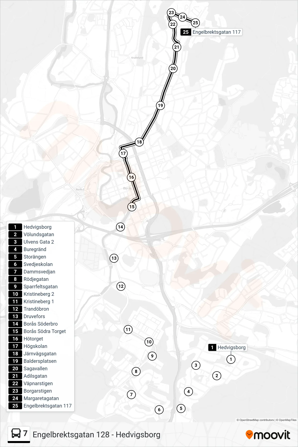 Rutt och hållplatser på karta för linje 7 spårvagn, (Engelbrektsgatan 117)