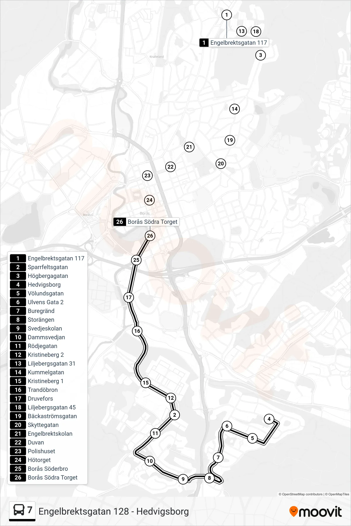 Rutt och hållplatser på karta för linje 7  spårvagn, (Borås Södra Torget)