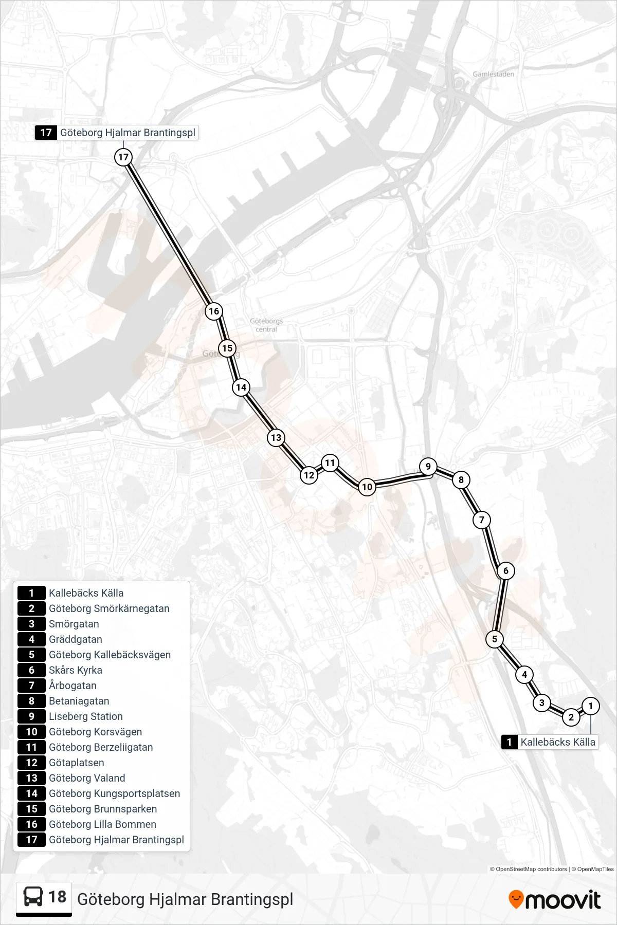 Rutt och hållplatser på karta för linje 18  spårvagn, (Göteborg Hjalmar Brantingspl)