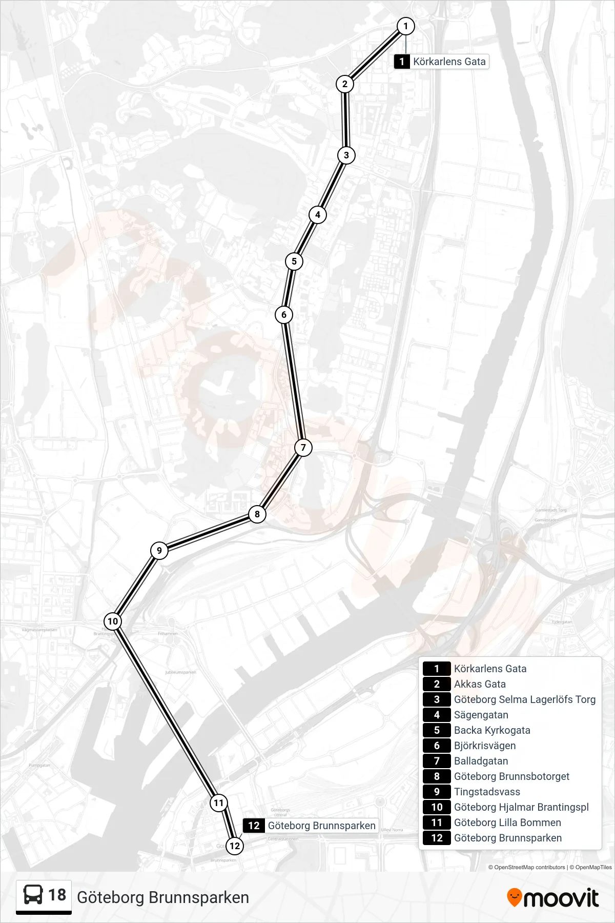 Rutt och hållplatser på karta för linje 18  spårvagn, (Göteborg Brunnsparken)