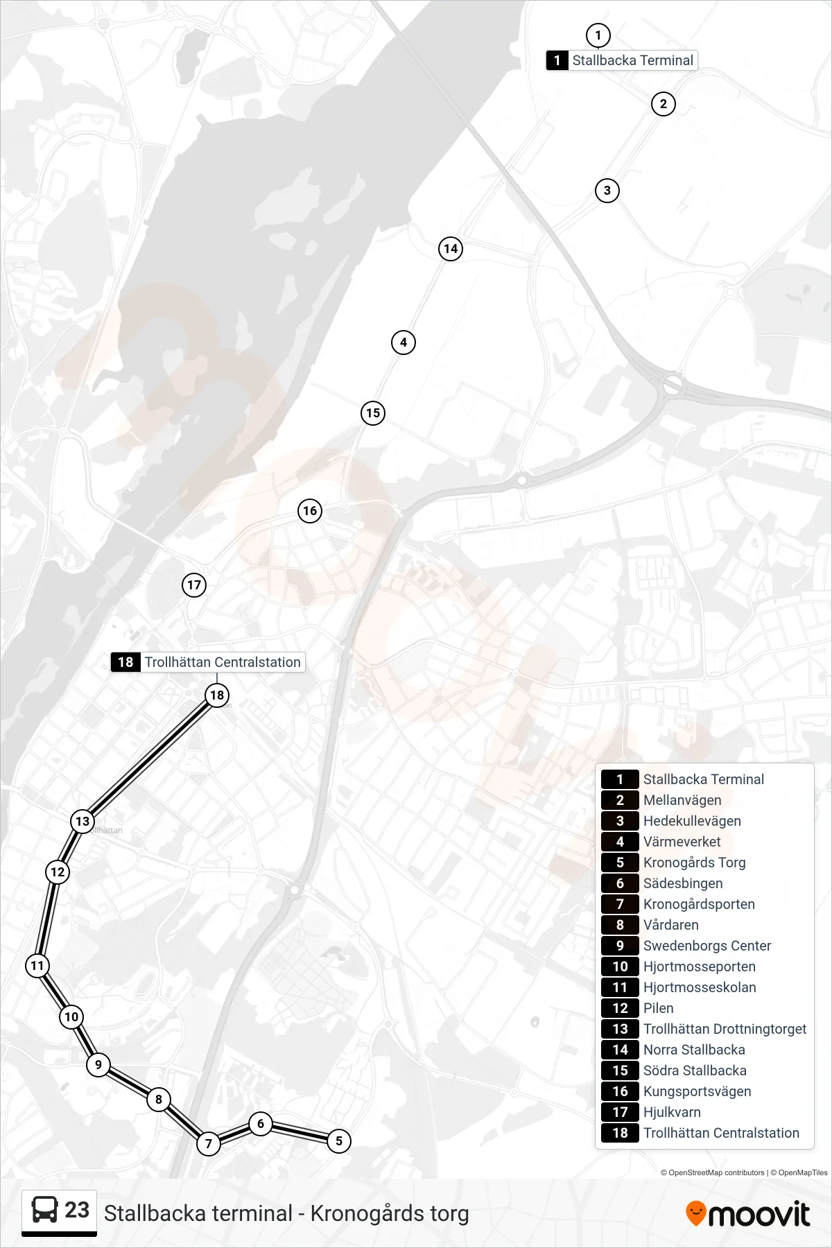 Rutt och hållplatser på karta för linje 23 spårvagn, (Trollhättan Centralstation)