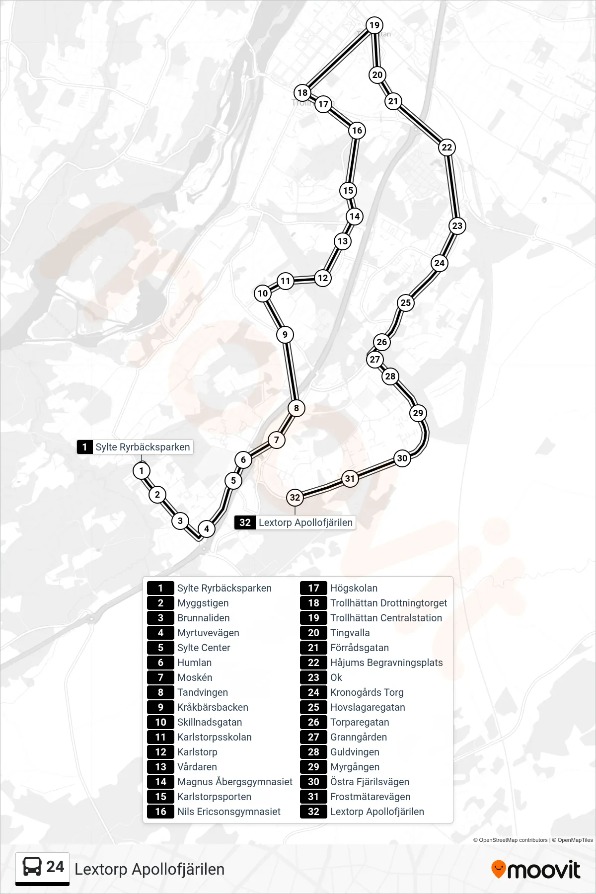 Rutt och hållplatser på karta för linje 24 spårvagn, (Lextorp Apollofjärilen)