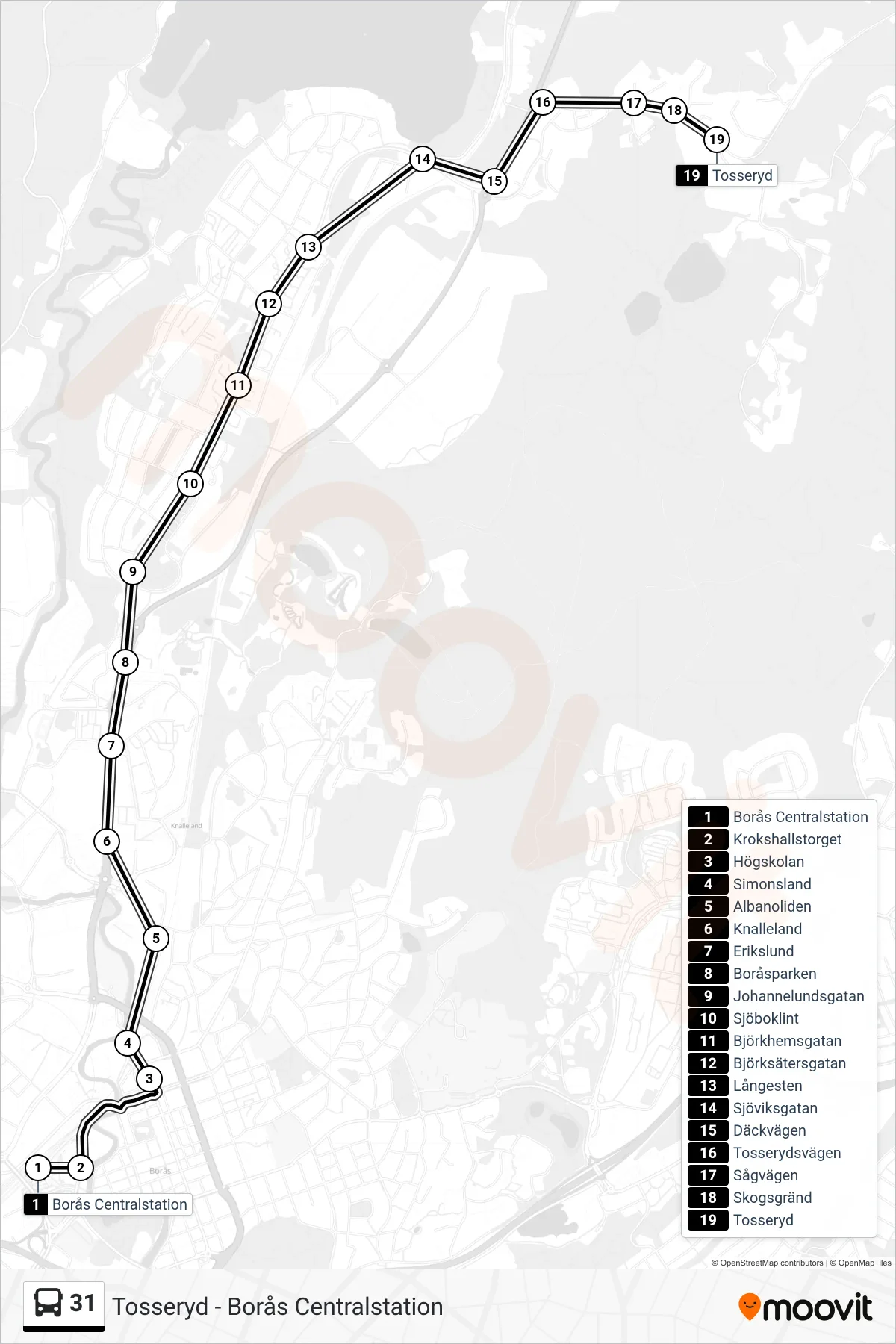 Rutt och hållplatser på karta för linje 31  spårvagn, (Tosseryd)