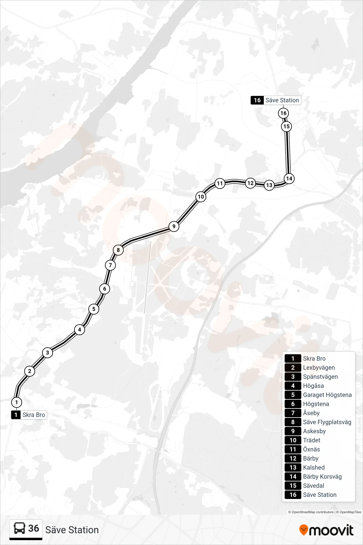 Rutt och hållplatser på karta för linje 36  spårvagn, (Säve Station)