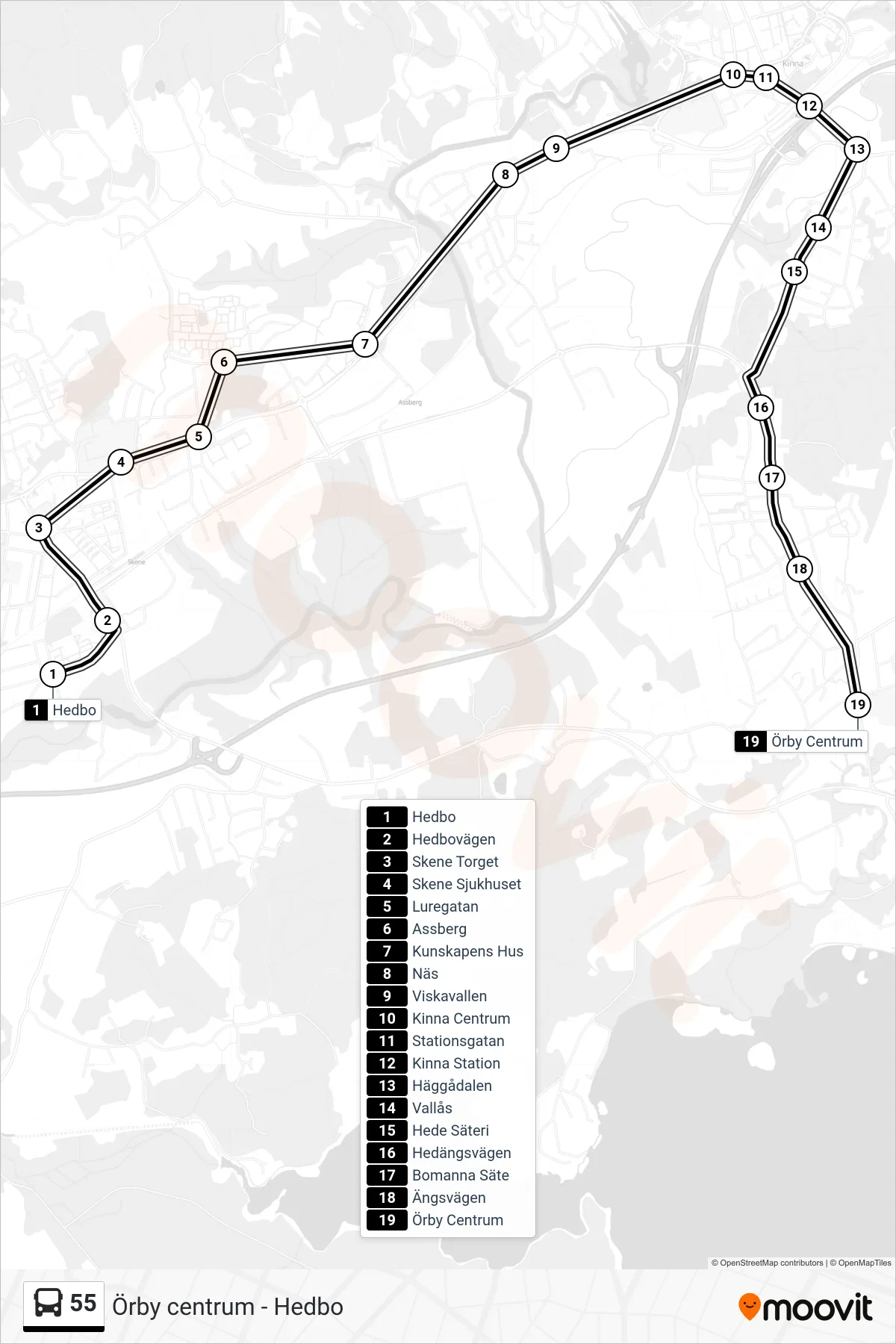 Rutt och hållplatser på karta för linje 55 spårvagn, (Örby Centrum)