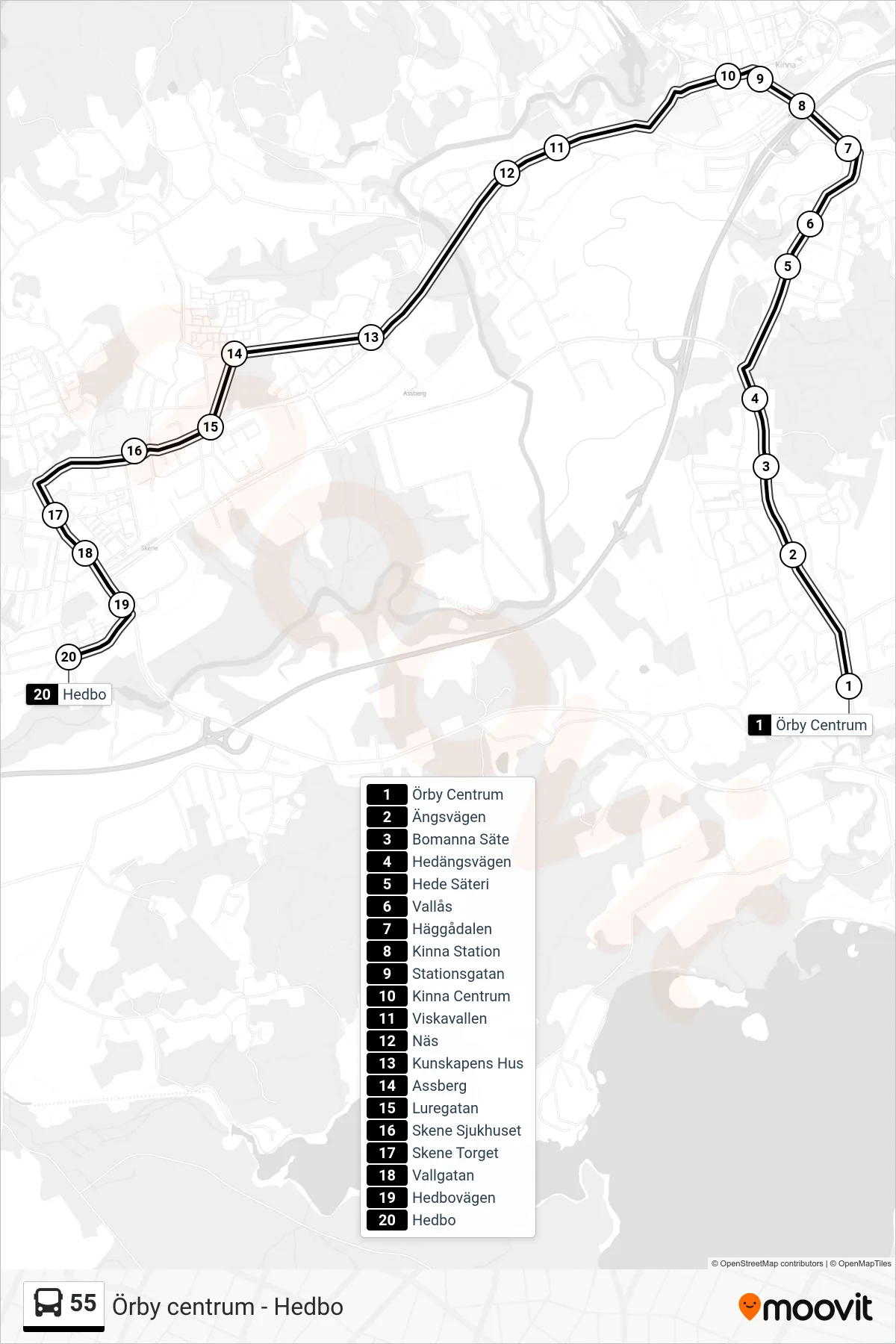 Rutt och hållplatser på karta för linje 55  spårvagn, (Hedbo)