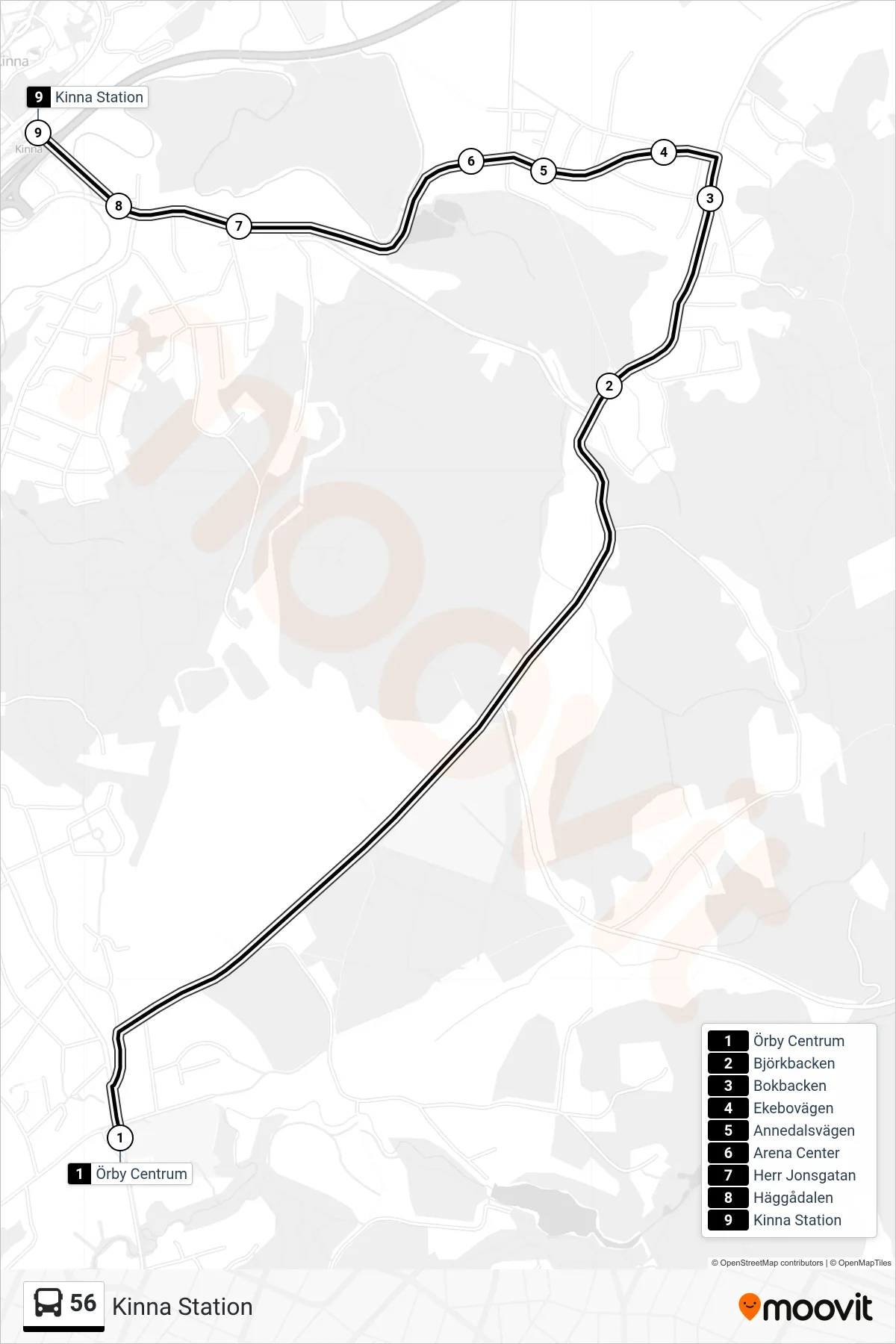 Rutt och hållplatser på karta för linje 56  spårvagn, (Kinna Station)