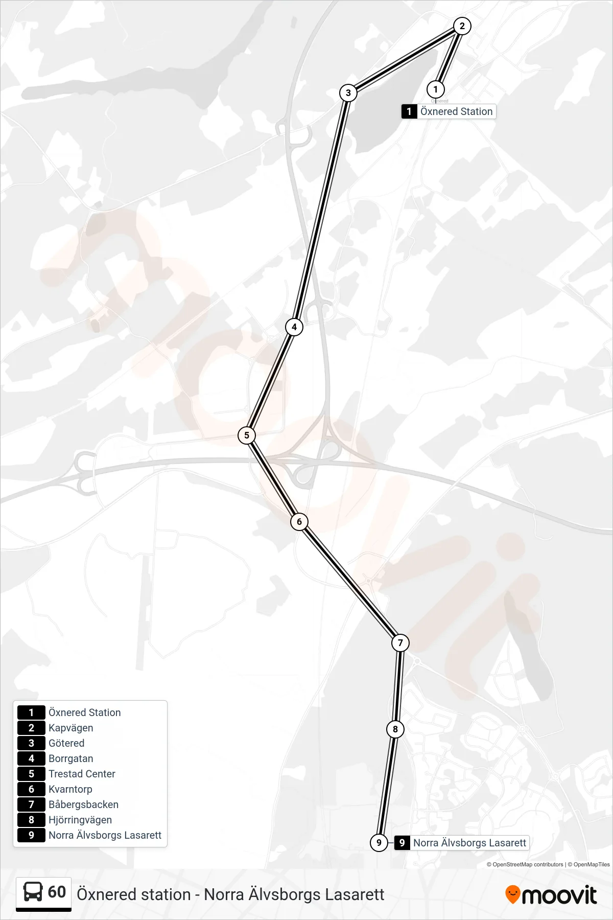 Rutt och hållplatser på karta för linje 60 spårvagn, (Norra Älvsborgs Lasarett)