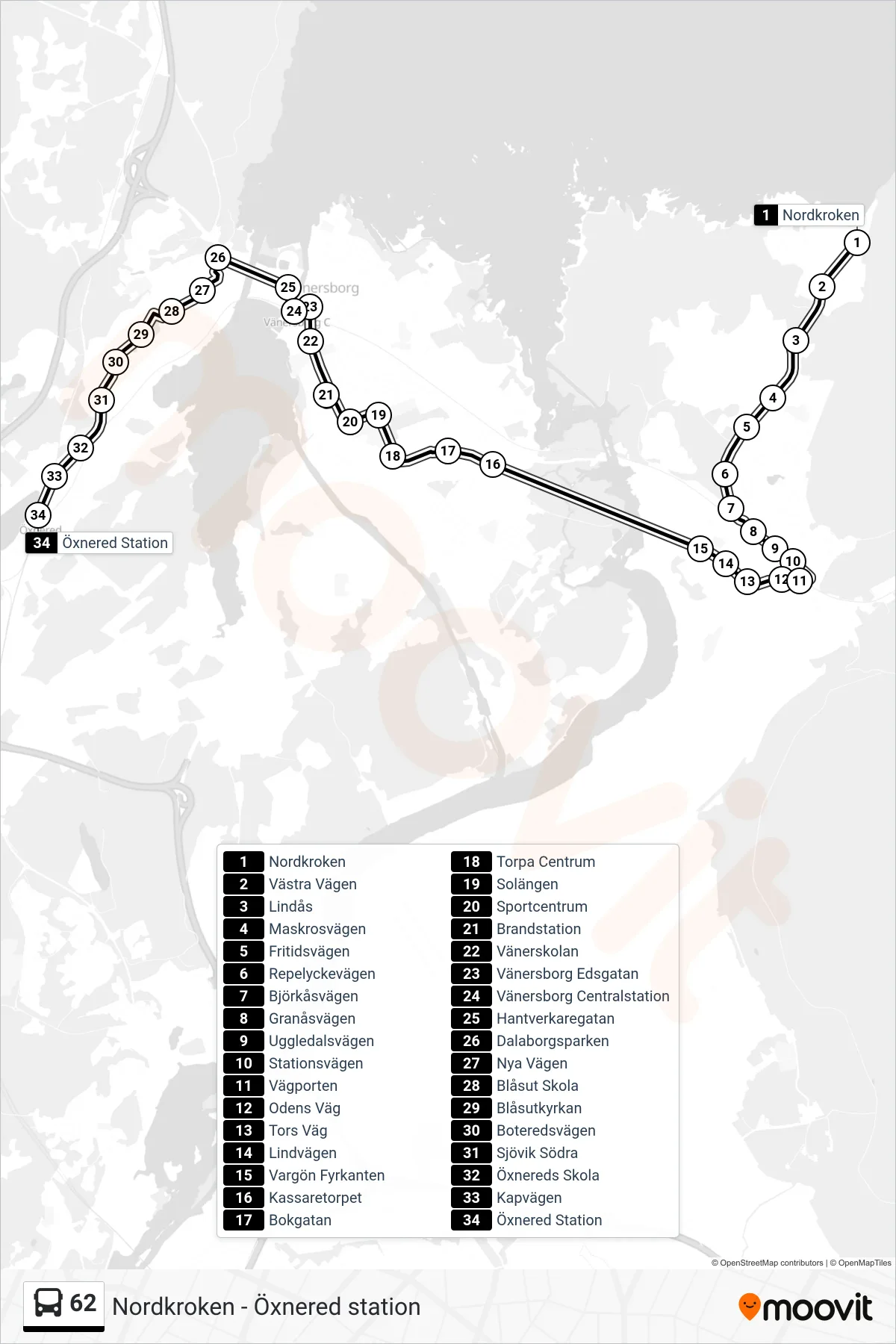 Rutt och hållplatser på karta för linje 62  spårvagn, (Öxnered Station)