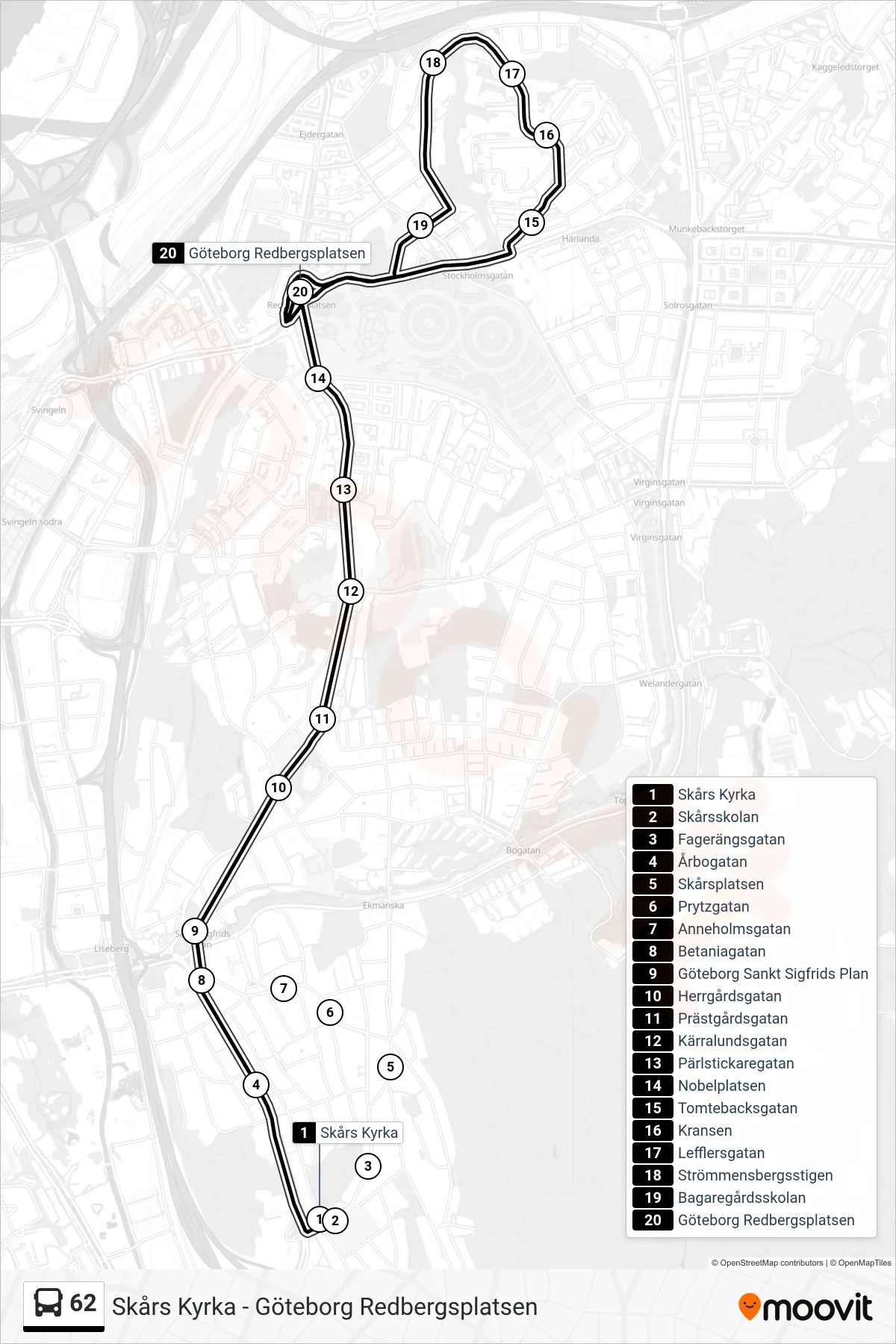 Rutt och hållplatser på karta för linje 62 spårvagn, (Göteborg Redbergsplatsen)