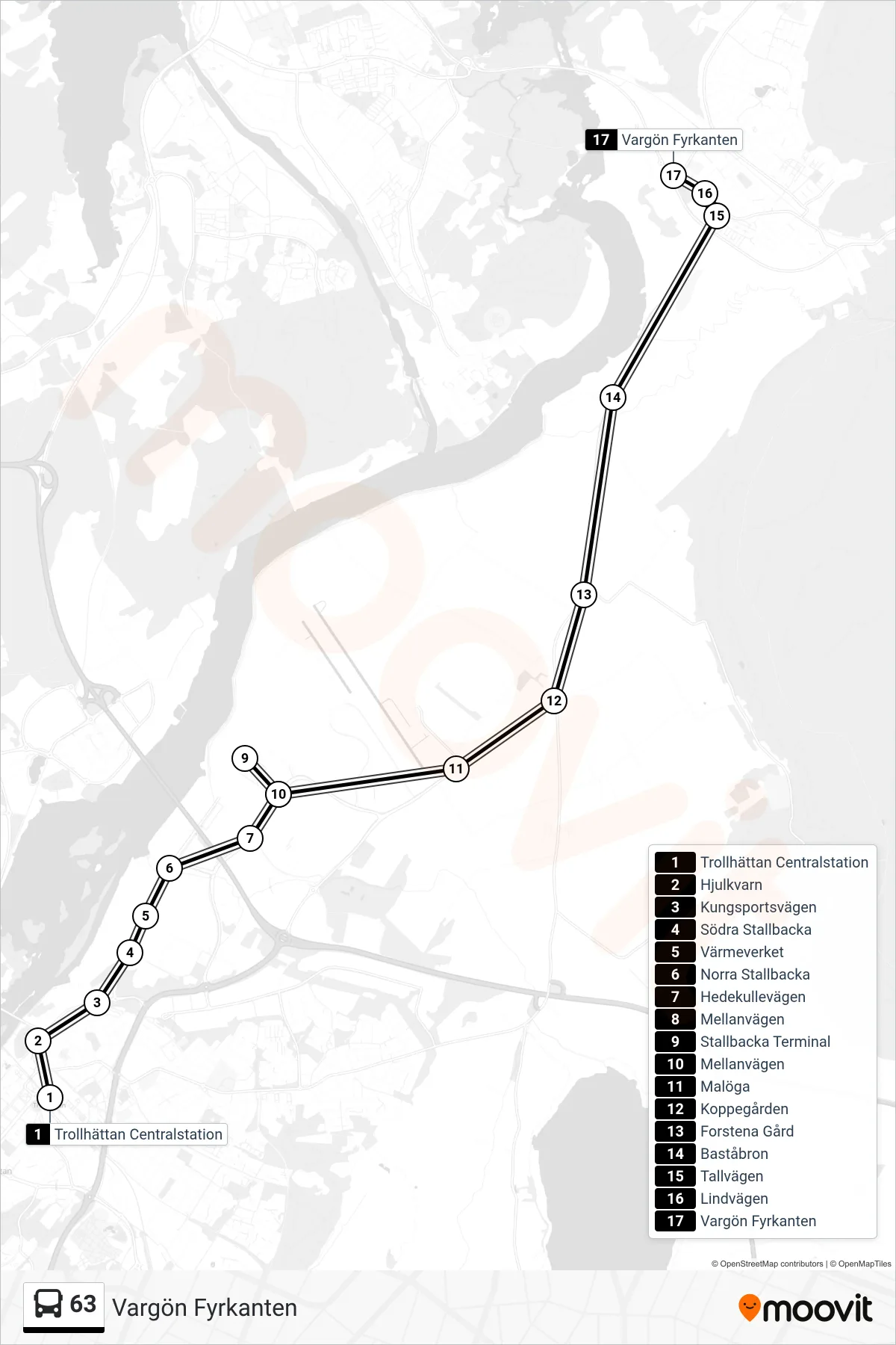 Rutt och hållplatser på karta för linje 63 spårvagn, (Vargön Fyrkanten)