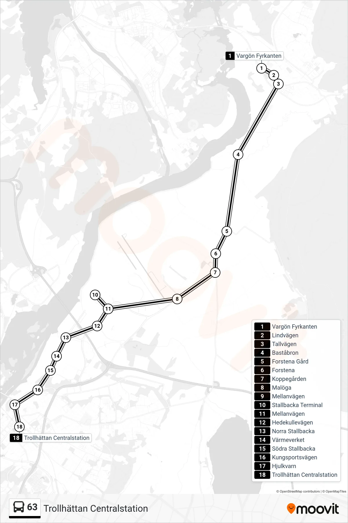 Rutt och hållplatser på karta för linje 63 spårvagn, (Trollhättan Centralstation)
