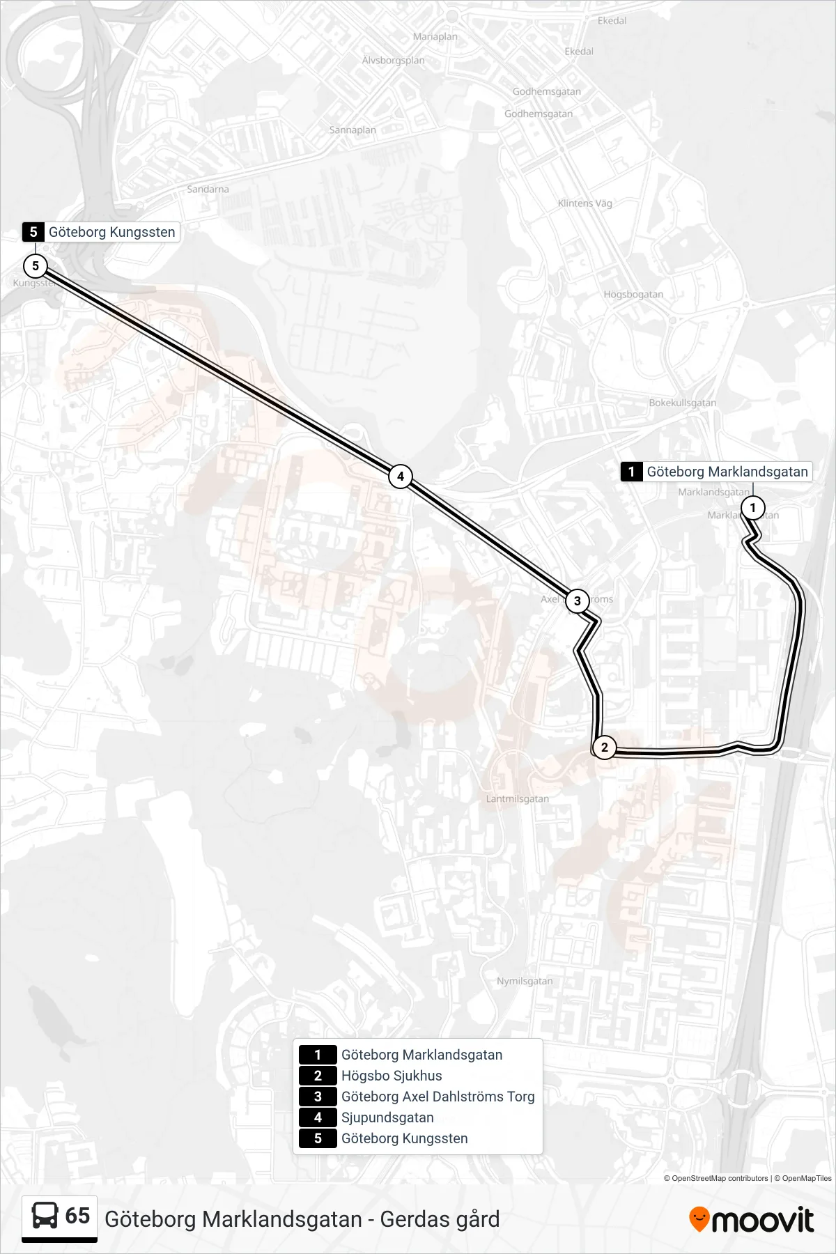 Rutt och hållplatser på karta för linje 65 spårvagn, (Göteborg Kungssten)