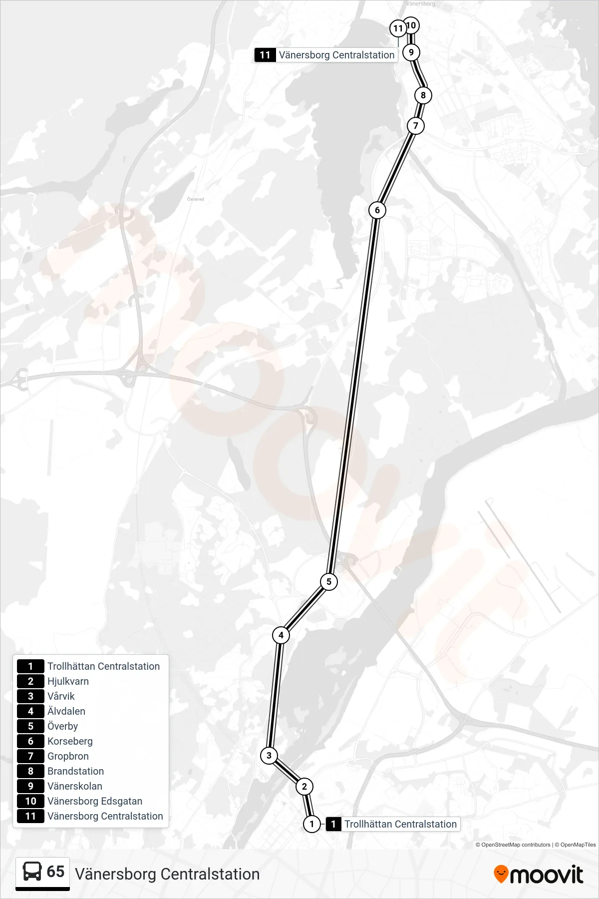 Rutt och hållplatser på karta för linje 65 spårvagn, (Vänersborg Centralstation)