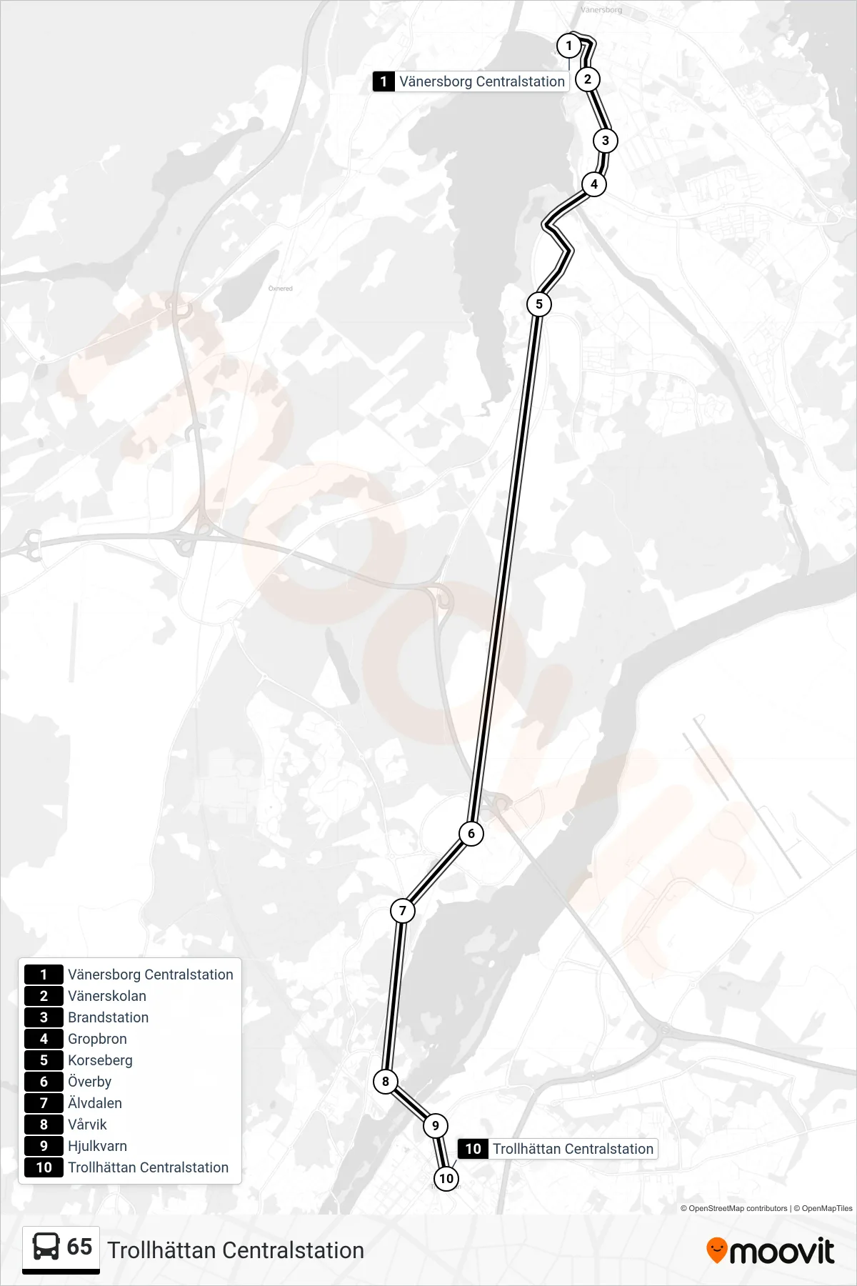 Rutt och hållplatser på karta för linje 65 spårvagn, (Trollhättan Centralstation)