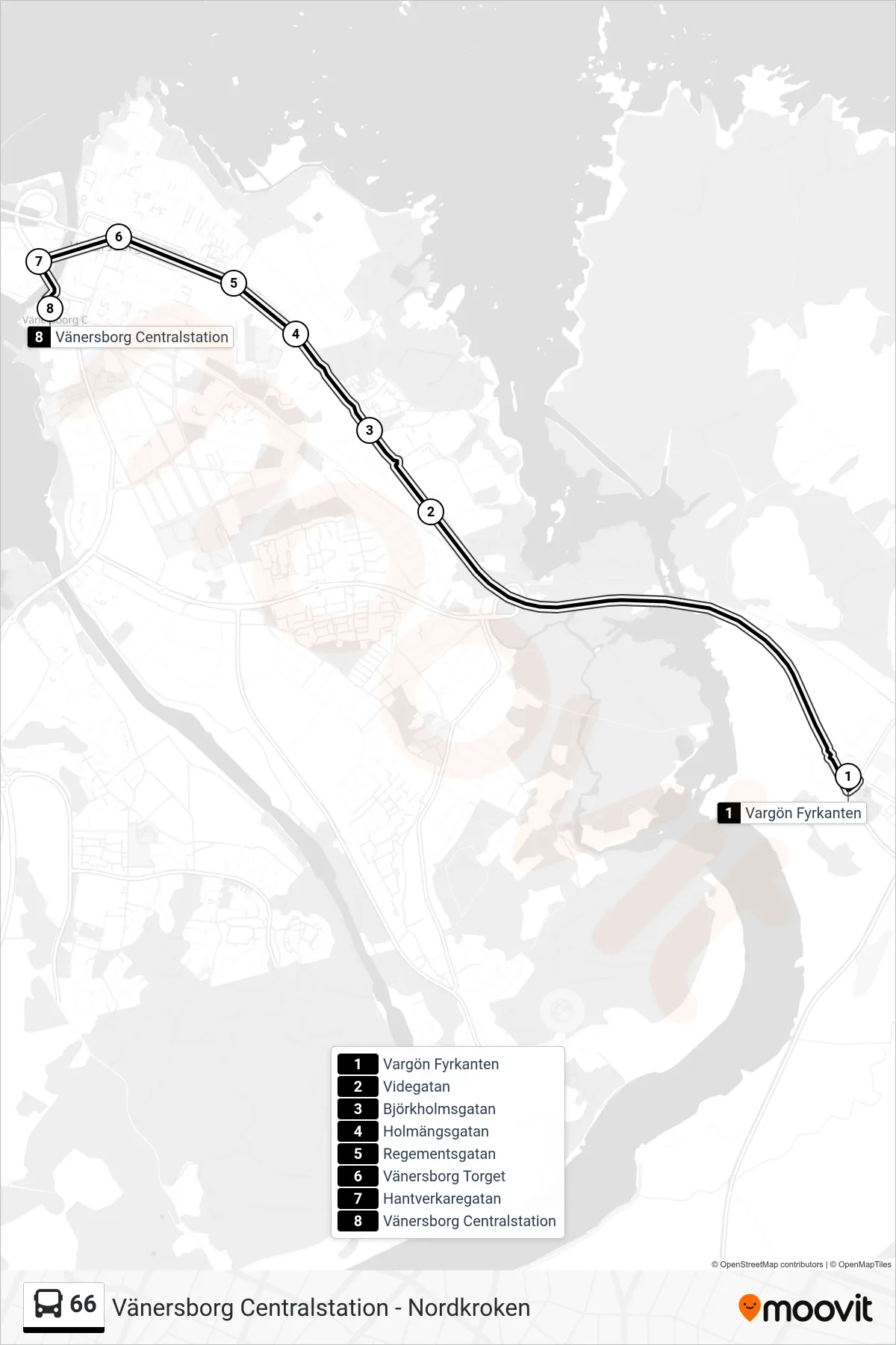 Rutt och hållplatser på karta för linje 66  spårvagn, (Vänersborg Centralstation)
