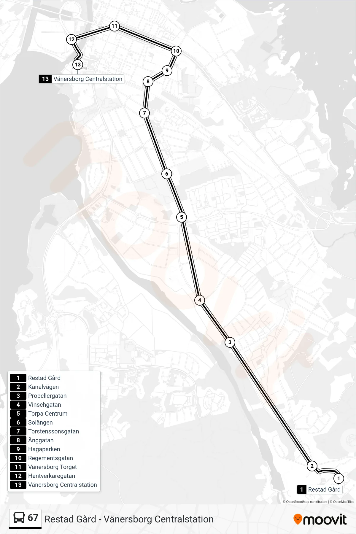 Rutt och hållplatser på karta för linje 67  spårvagn, (Vänersborg Centralstation)