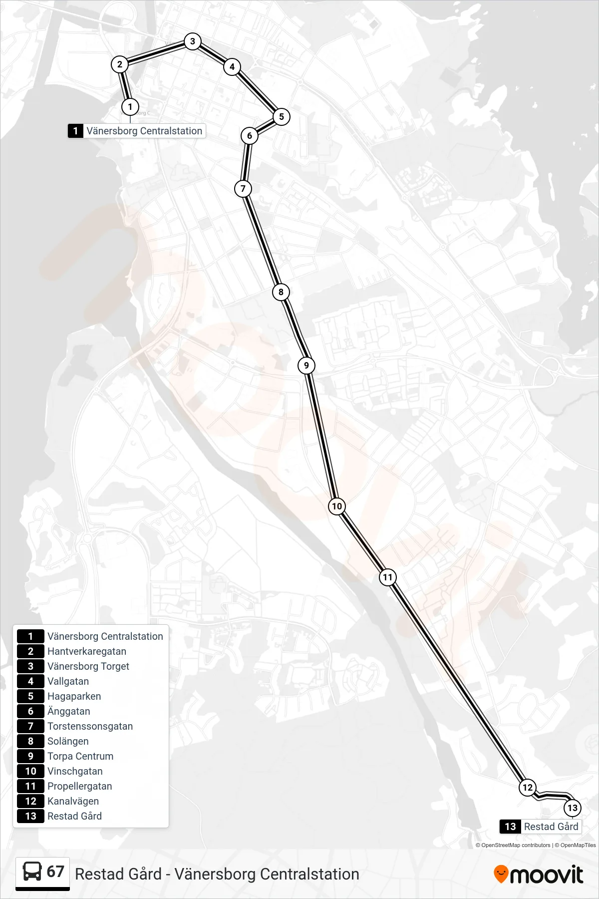 Rutt och hållplatser på karta för linje 67  spårvagn, (Restad Gård)