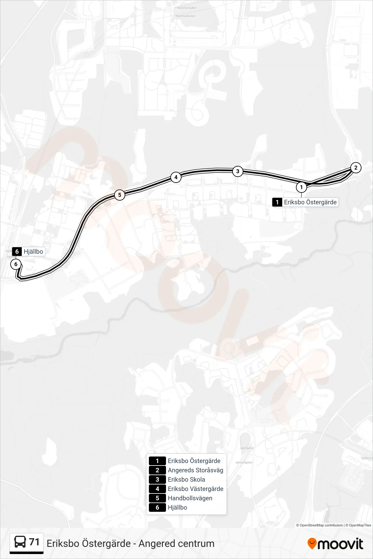 Rutt och hållplatser på karta för linje 71 spårvagn, (Hjällbo)