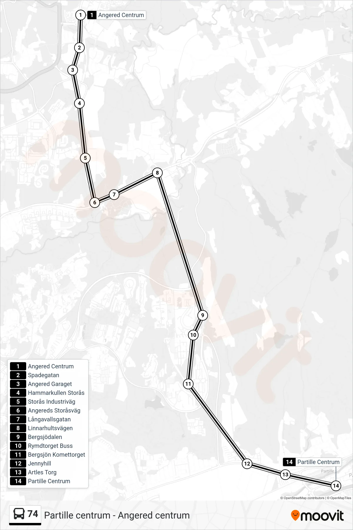 Rutt och hållplatser på karta för linje 74  spårvagn, (Partille Centrum)
