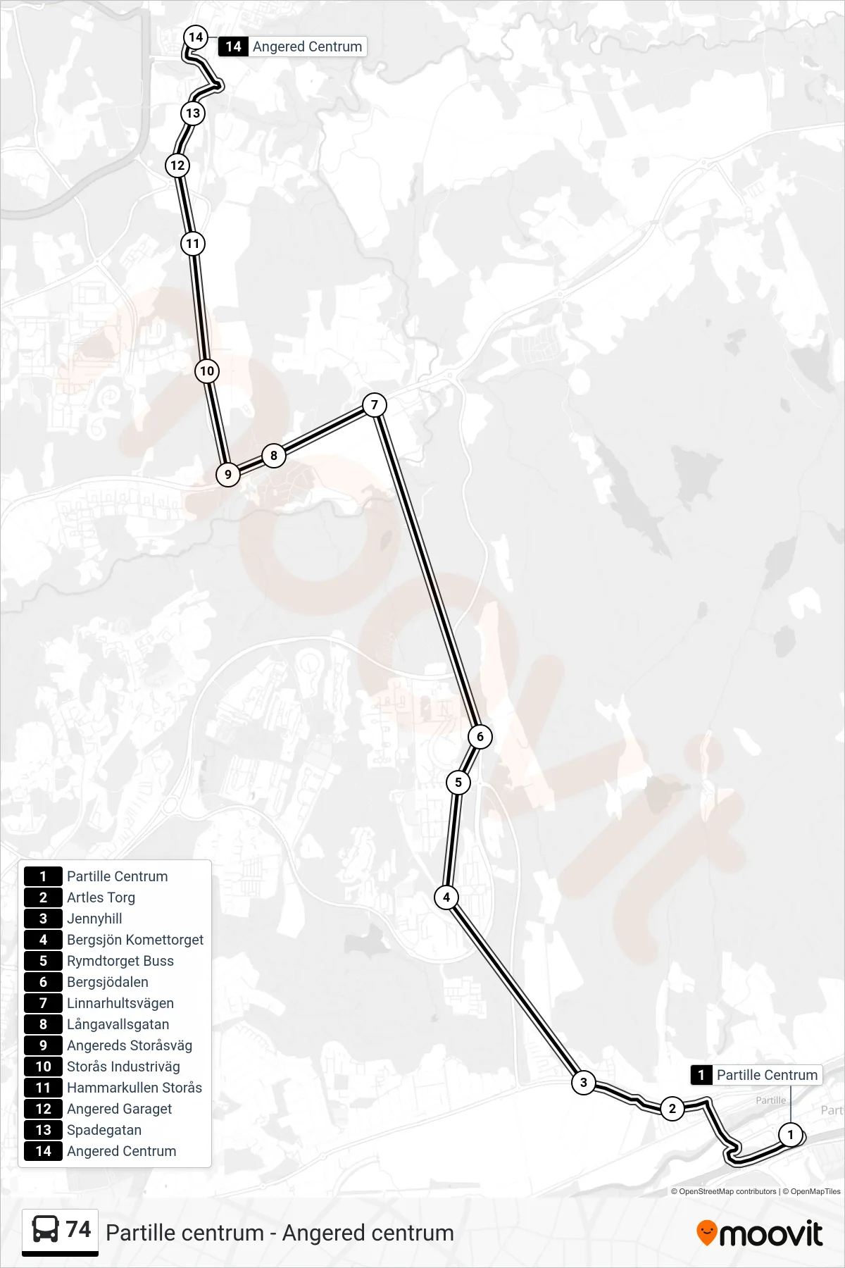 Rutt och hållplatser på karta för linje 74  spårvagn, (Angered Centrum)