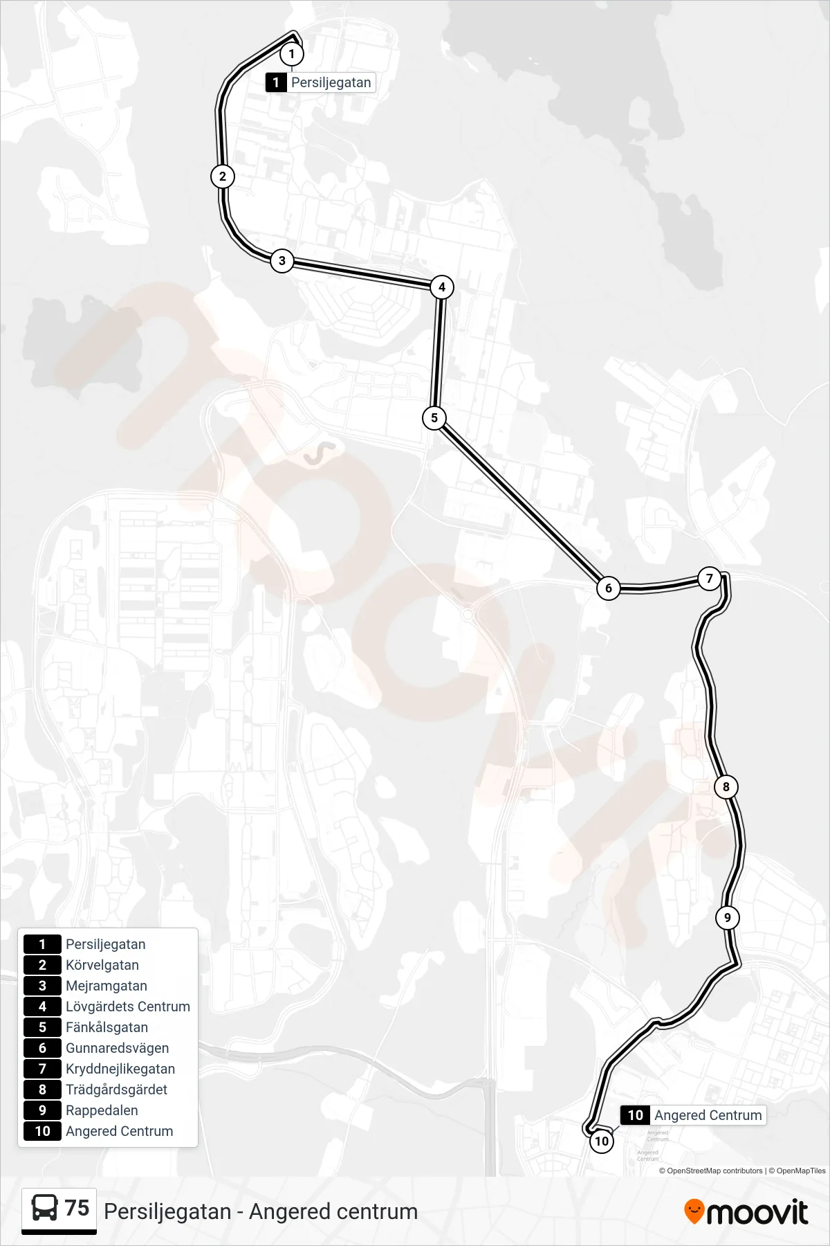Rutt och hållplatser på karta för linje 75 spårvagn, (Angered Centrum)