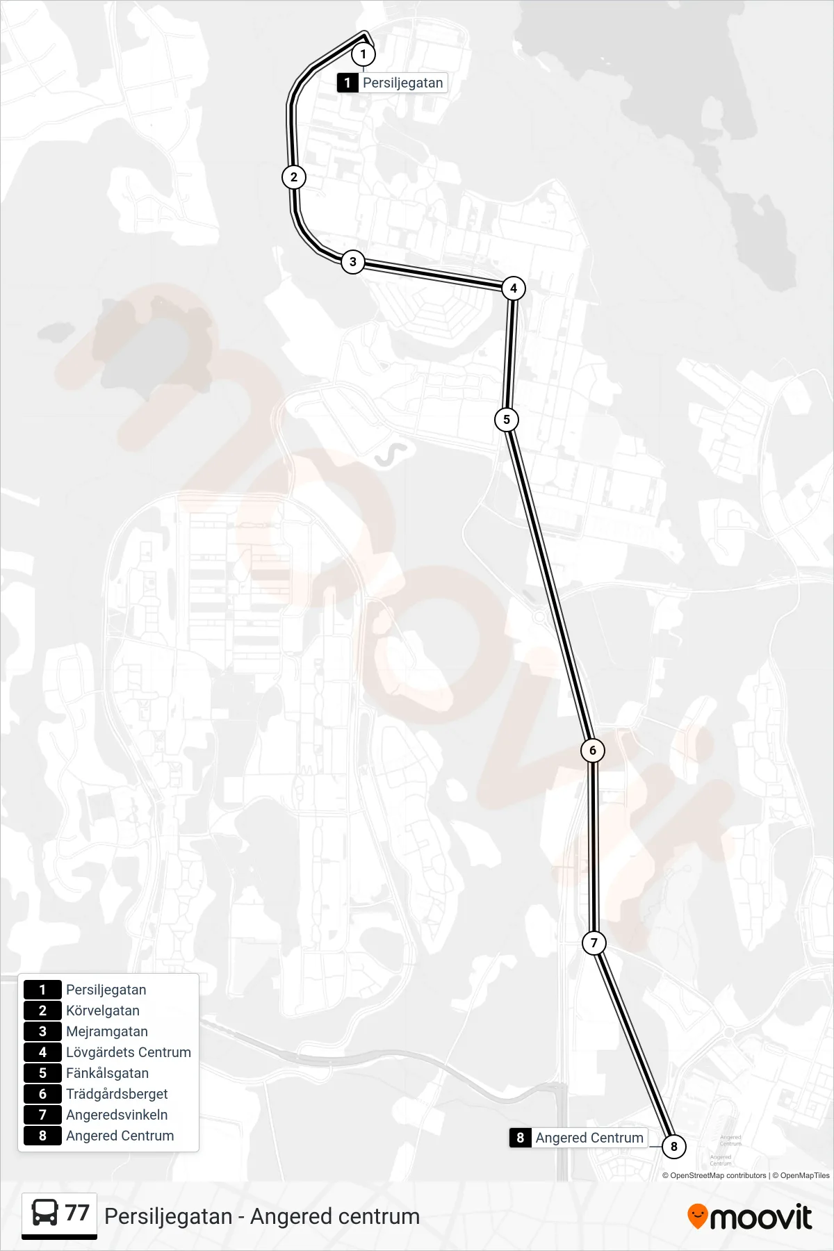 Rutt och hållplatser på karta för linje 77 spårvagn, (Angered Centrum)