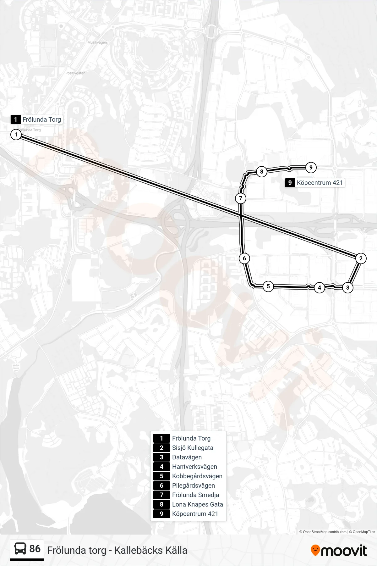 Rutt och hållplatser på karta för linje 86 spårvagn, (Köpcentrum 421)