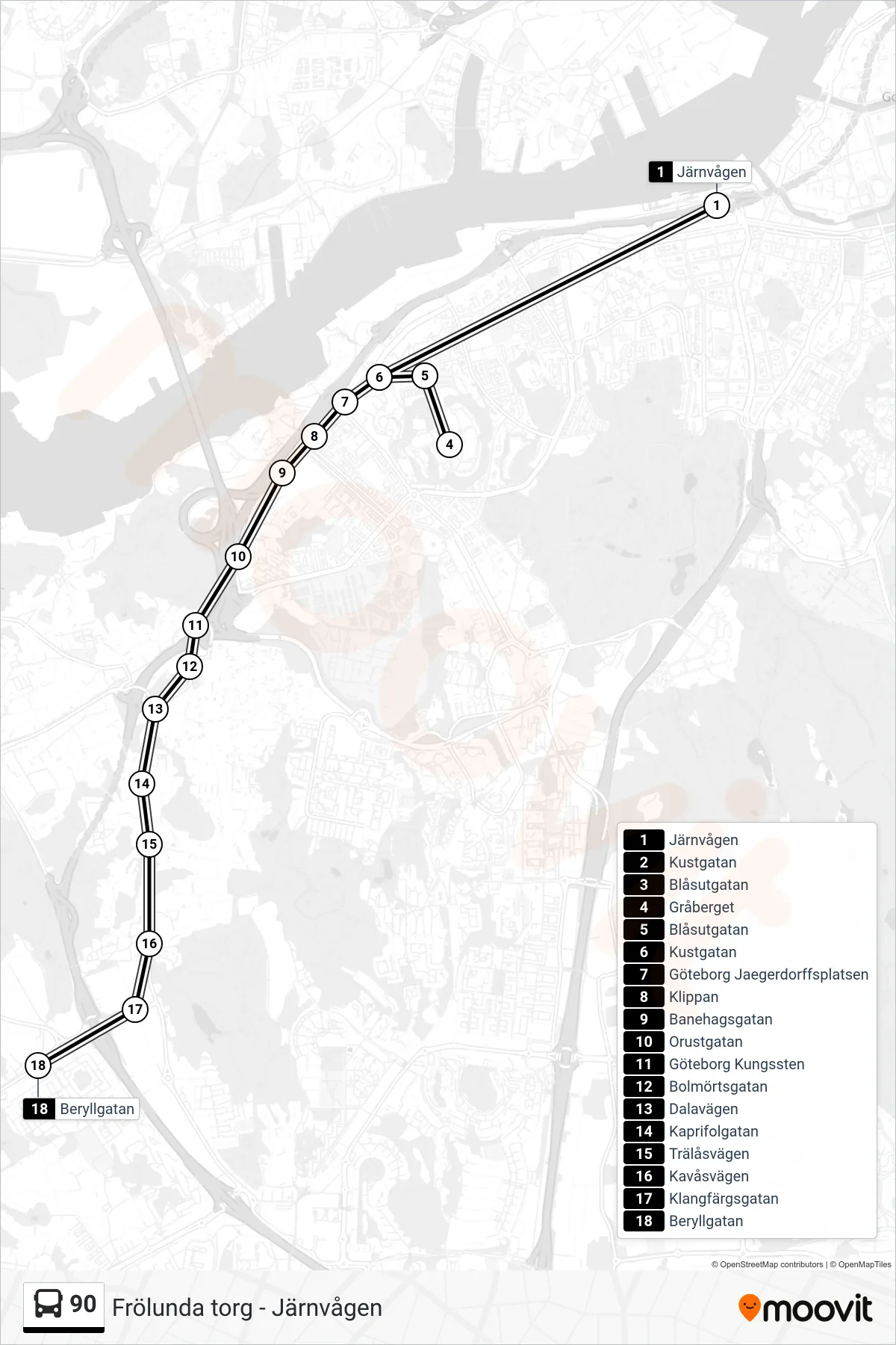 Rutt och hållplatser på karta för linje 90  spårvagn, (Beryllgatan)